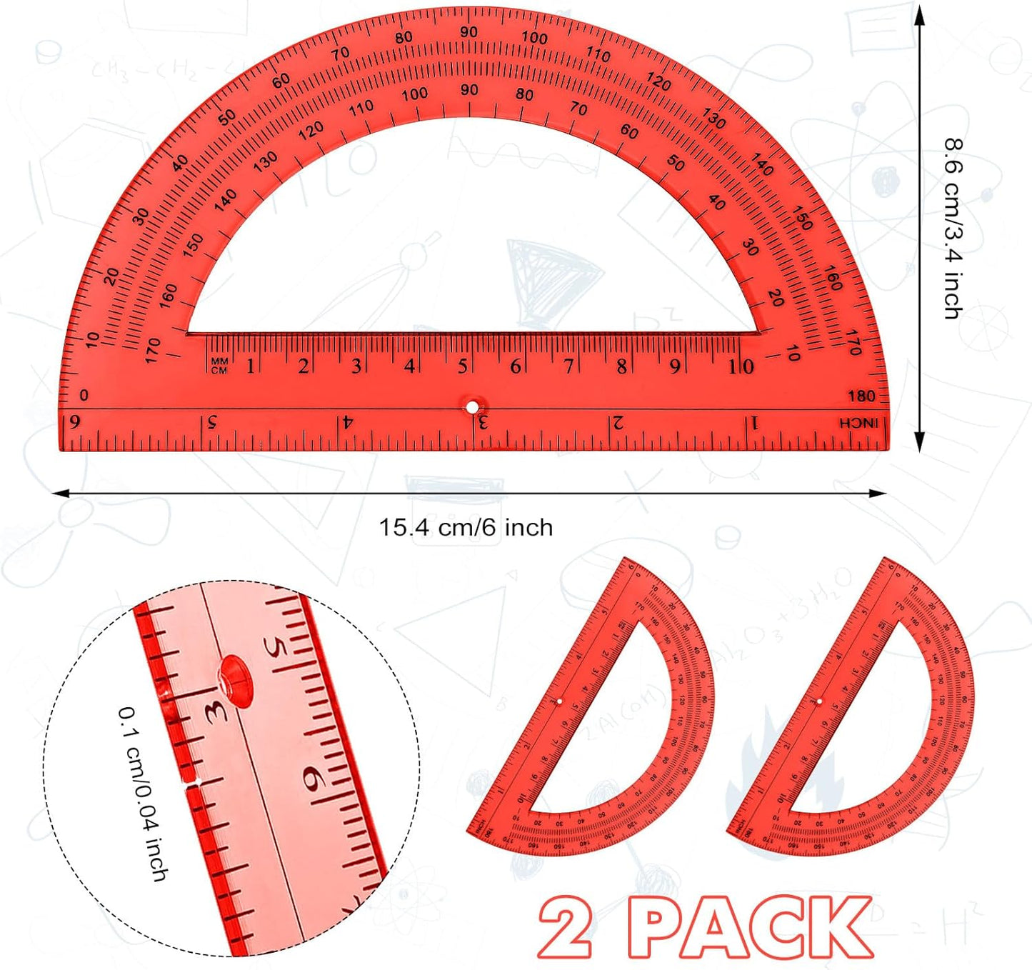 Zonon 2 Pcs 6 Inch Plastic Protractor Math Protractors 180 Degrees Angle Measurement, Translucent for Geometry Classroom Kid Student School Office Supplies(Red)