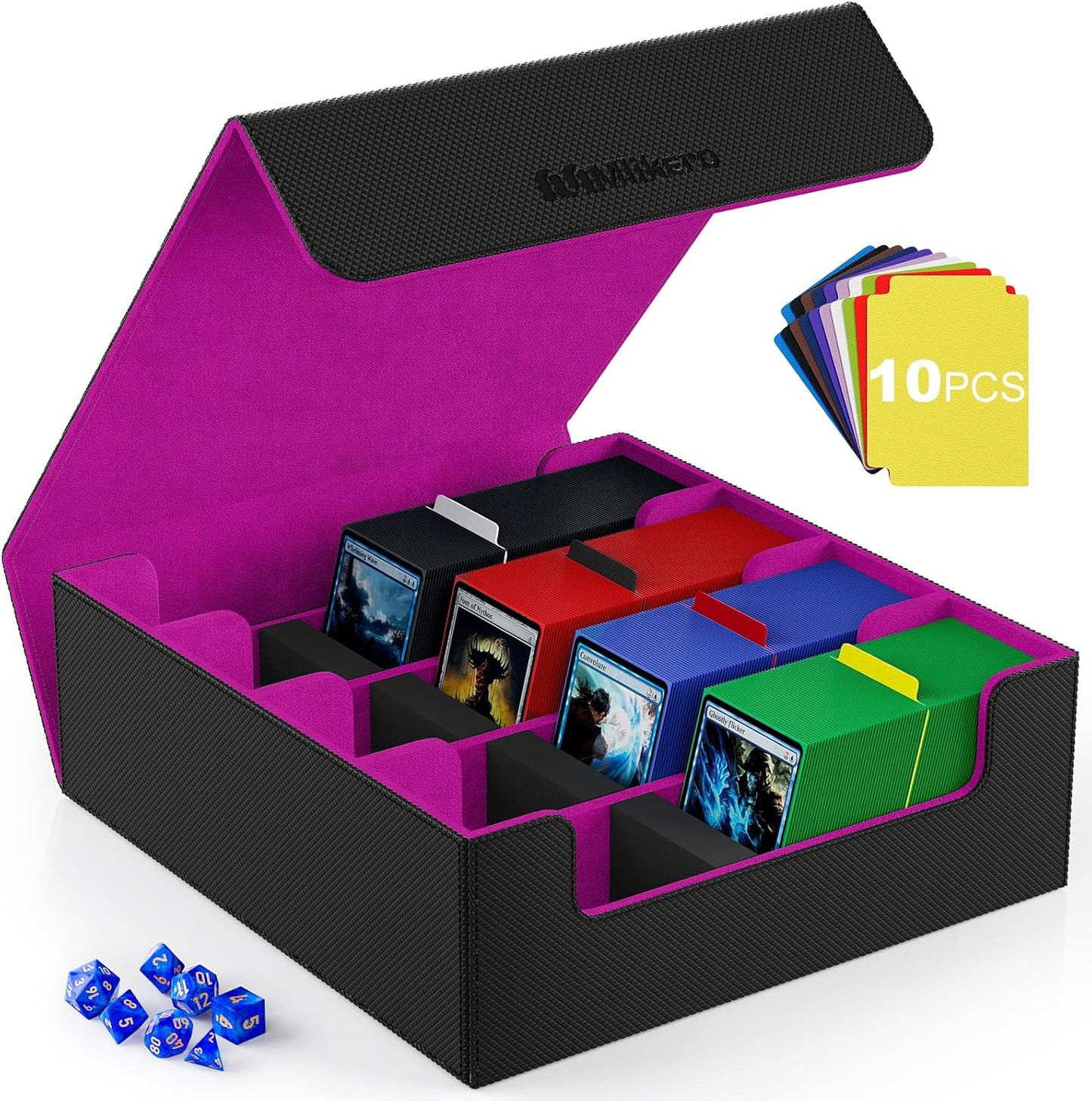 Mlikero Card Deck Case, 2400+ Trading Card Storage Box with 10 Colorful Dividers and 4 Foam Stoppers, Leather Magnetic Closure Commander Deck Box Fit for MTG, TCG (4 Rows, Black&Purple)