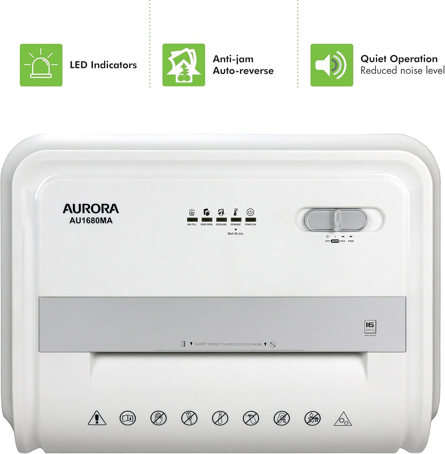 Aurora Heavy Duty High Security 16-Sheet Micro-Cut Shredder/Anti-Jam/60 Min Run Time/ 7-Gallon Pullout Basket and Casters, AU1680MA