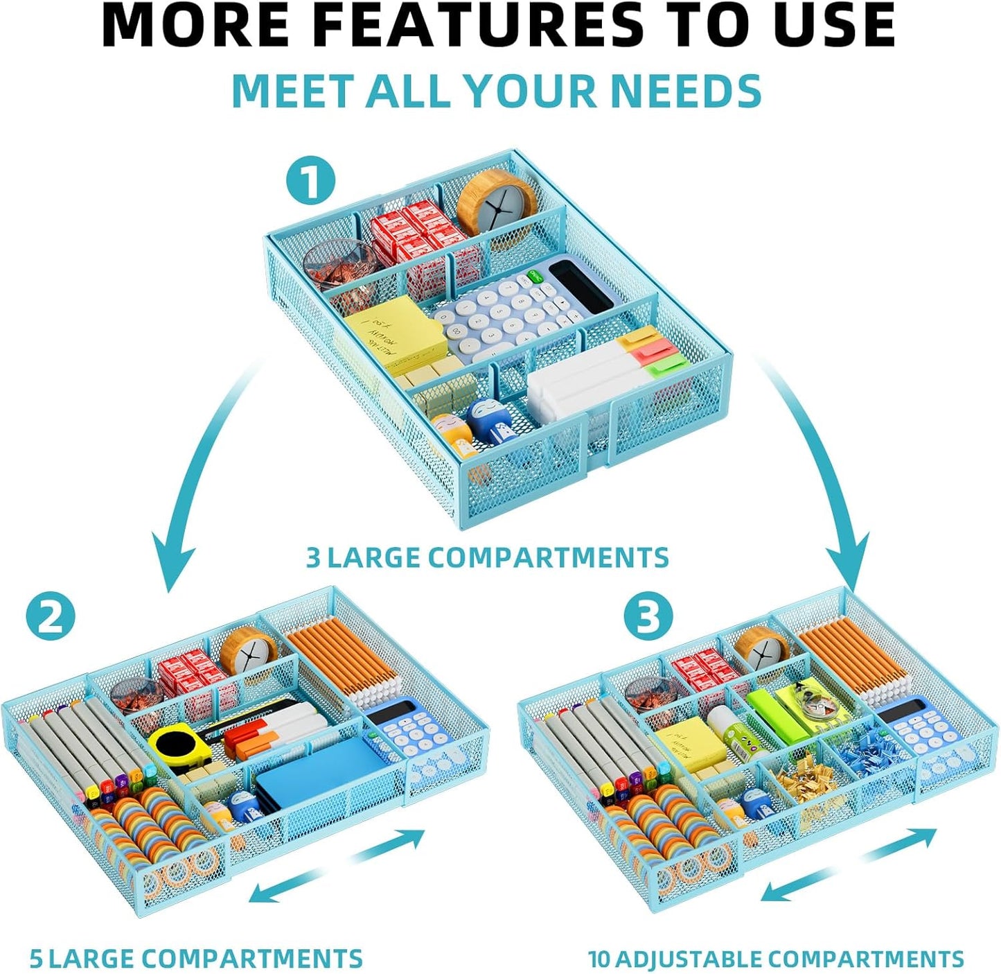 Marbrasse Expandable Desk Drawer Organizer, Mesh Drawer Organizer Tray with 10 Adjustable Compartments, Desk Organizers and Accessories for Office Supplies, Makeup & Vanity (Expandable-Blue)