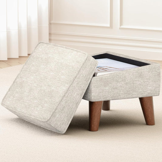 Ottoman Foot Rest, Small Footstool Ottoman with Storage, Modern Foot Stool with Adjustable Lid and Sturdy Wood Legs for Living Room, Bedroom, Couch, Enterway (Beige)