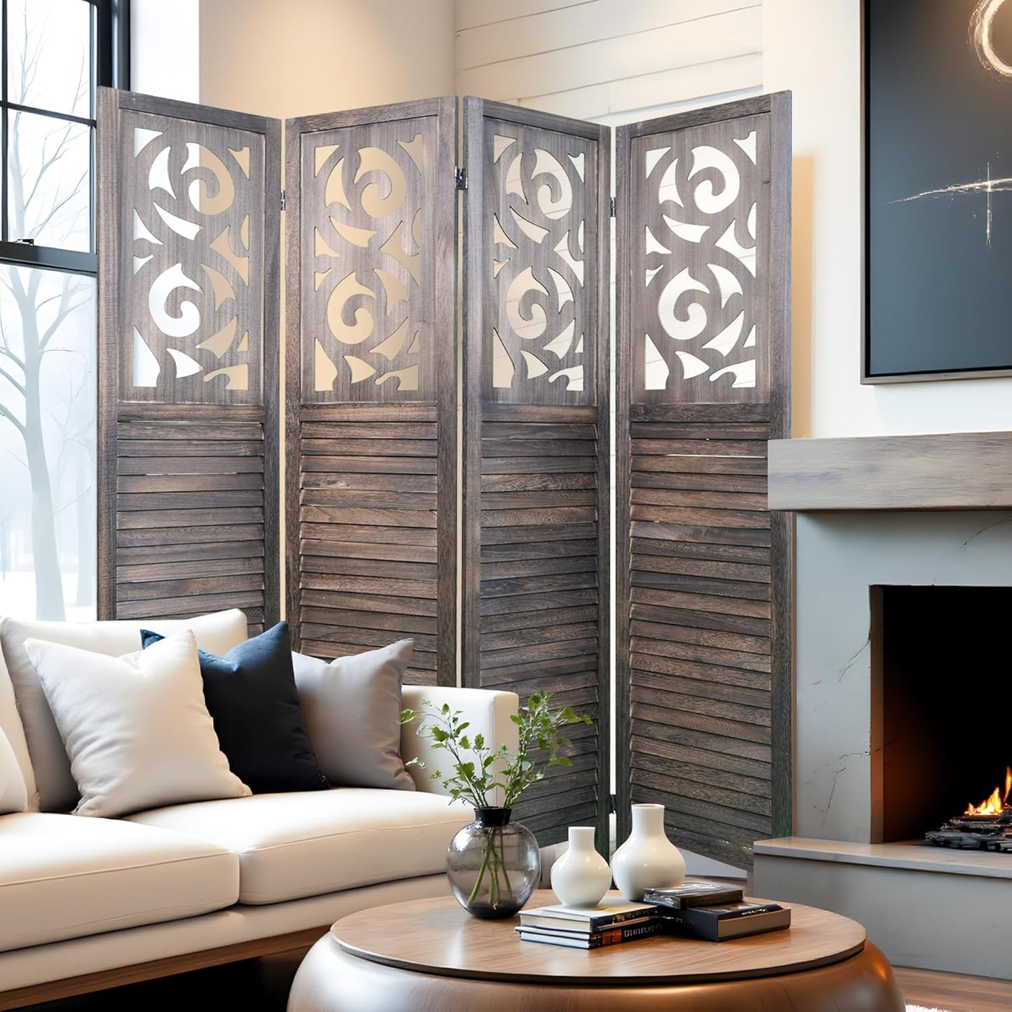 Room Divider, 5.6FT Folding Room Divider Panel, 4 Panel Craved Wood Partition Wall Divider for Room Separation, Rustic Brown