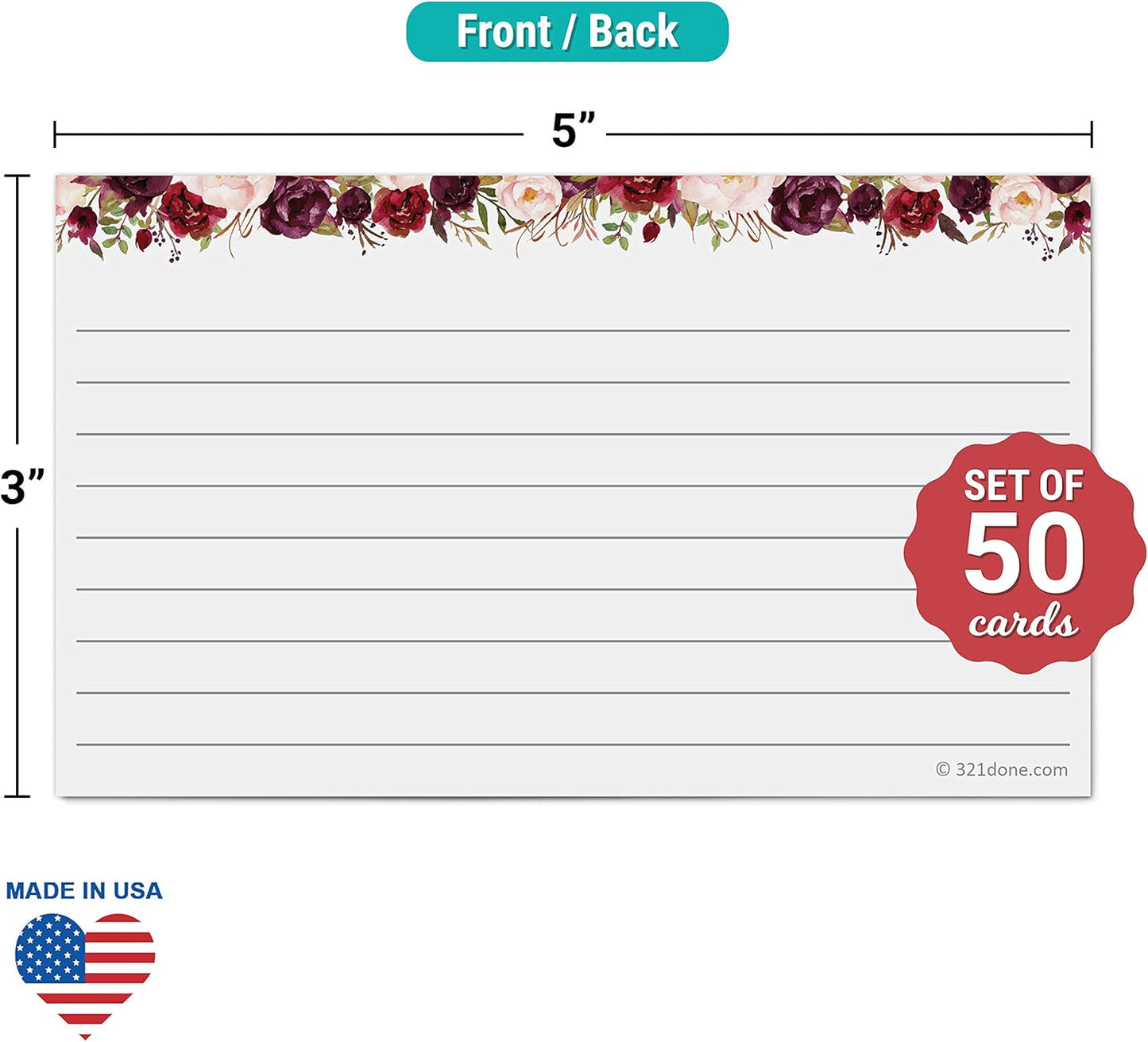 321Done Floral Ruled Index Cards - Made in USA – Small 3x5 (Set of 50), Narrow-Ruled Lined Notecards Double-Sided, Thick Heavy Duty Cardstock, Cute Pretty Flowers Red Roses on White Note Cards Lines