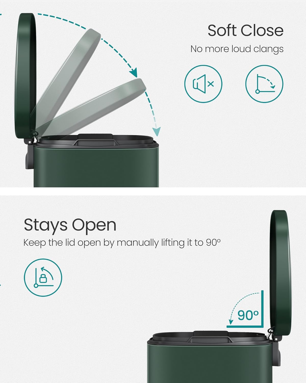 SONGMICS 13 Gallon (50 L) Trash Can, Stainless Steel Kitchen Garbage Can, Recycling or Waste Bin, Soft Close, Step-On Pedal, Removable Inner Bucket, Retro Green ULTB050C01