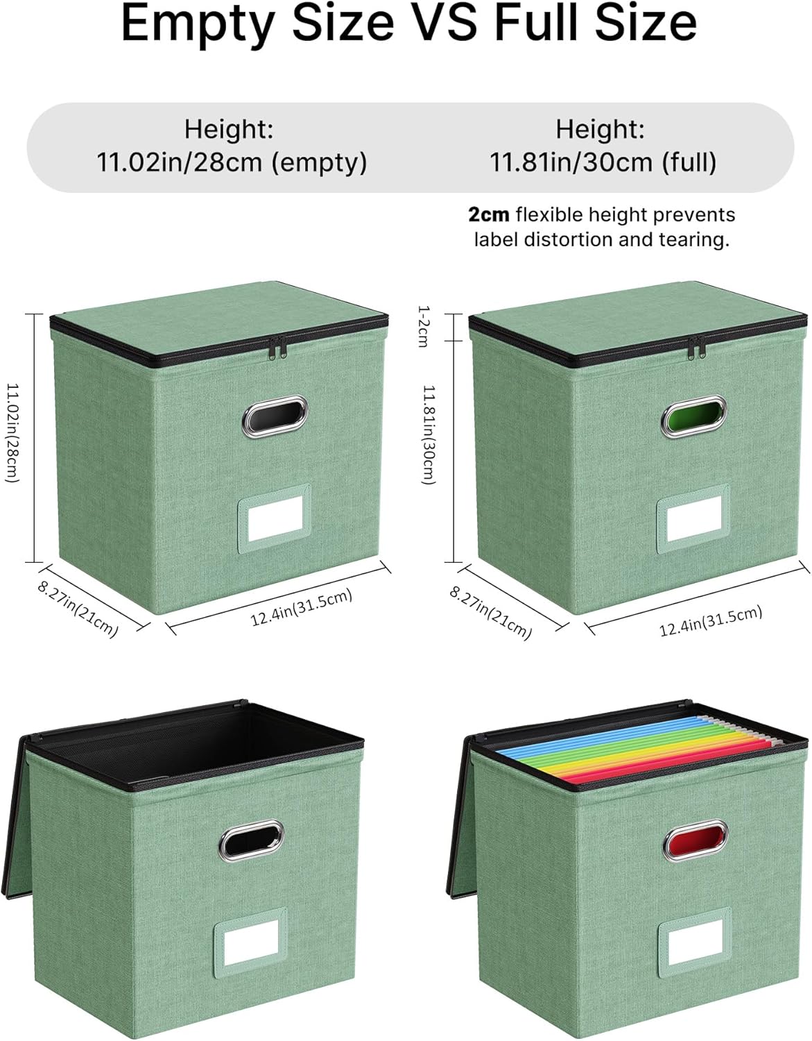 Oterri 2 Pack File Organizer Boxes with Lids, File Box with Mesh Pockets, Document Organizer Box for File Folders Letter Size, Zippers Filing Box for Home, Office, School (Green, Without Folders)