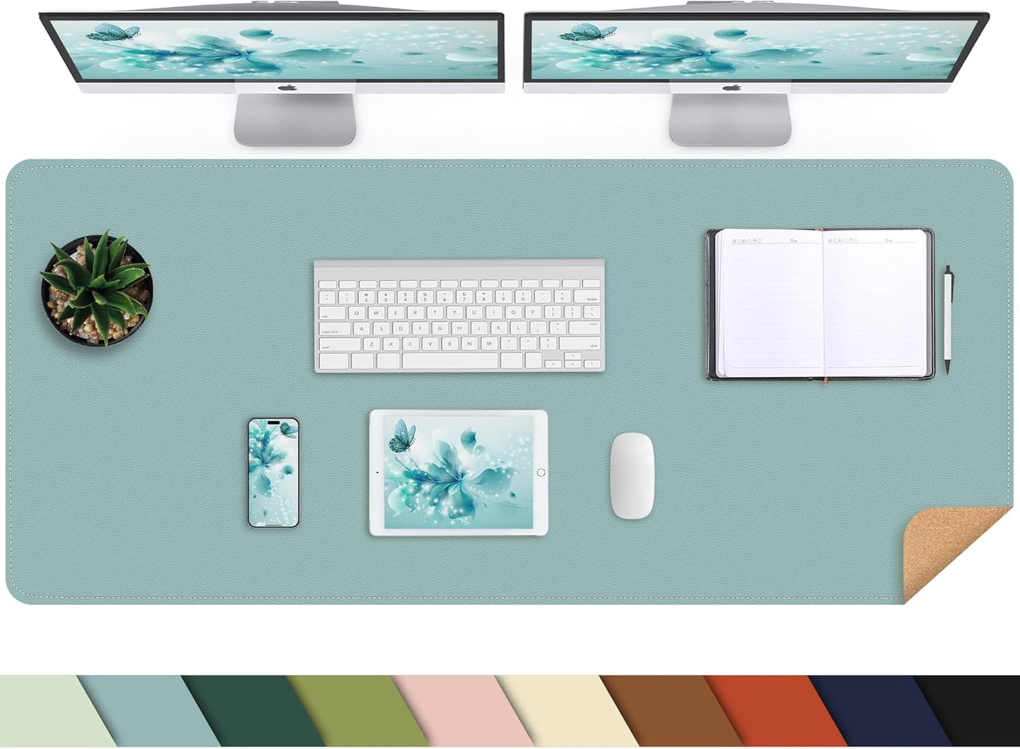 Leather Desk pad Protector, Large Desk mat with Natural Cork & PU Leather,Mouse pad,Non-Slip Office Desk Mat,Waterproof Desk Writing Pad for Office and Home (47in*23.7in, Light Blue)