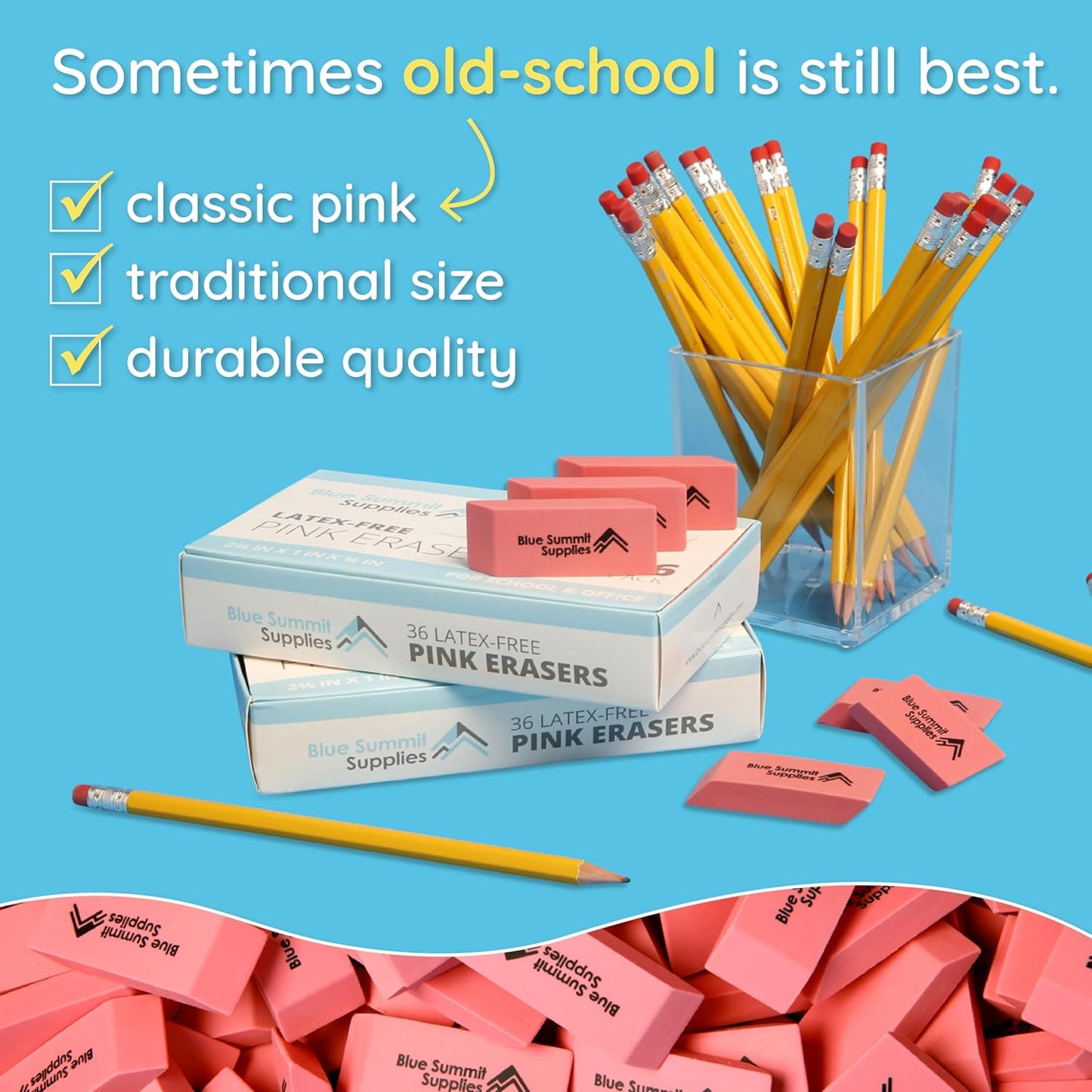 Blue Summit Supplies Pink Erasers, Bulk Erasers for Art, School, and Office Use, Classroom Set, 36 Pack