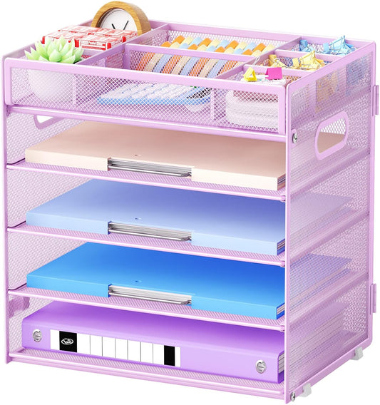 Marbrasse 5-Tier Letter Tray Paper Organizer with Handle, Multi-Functional Mesh File Organizer for Desk, Adjustable Compartments Mesh Desktop Storage for Office Supplies, Purple