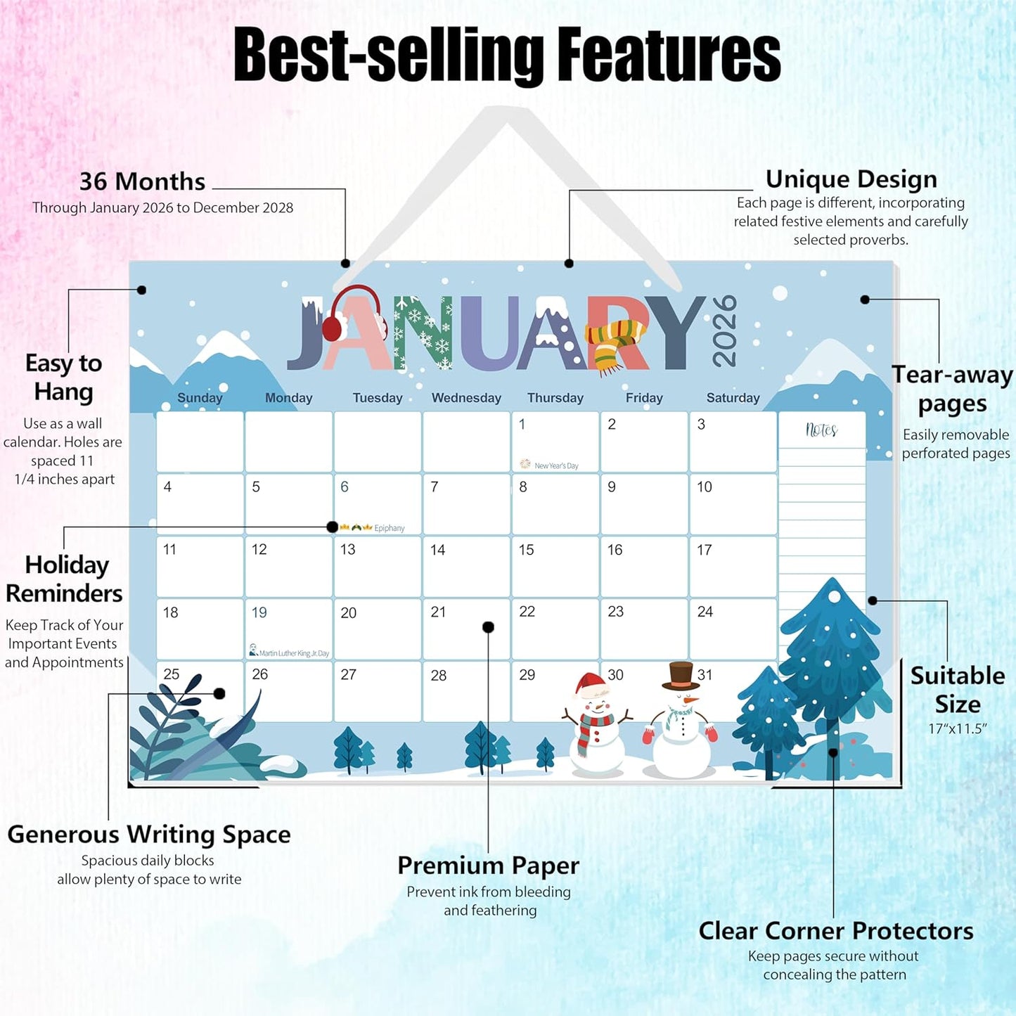 Guasslee Desk Calendar 2026-2028,36 Months Calendar Runs from 2026 Jan. to 2028 December, 17"x11.5" Monthly Desktop/Wall Planner with Thick Paper and Notes for Home School & Office