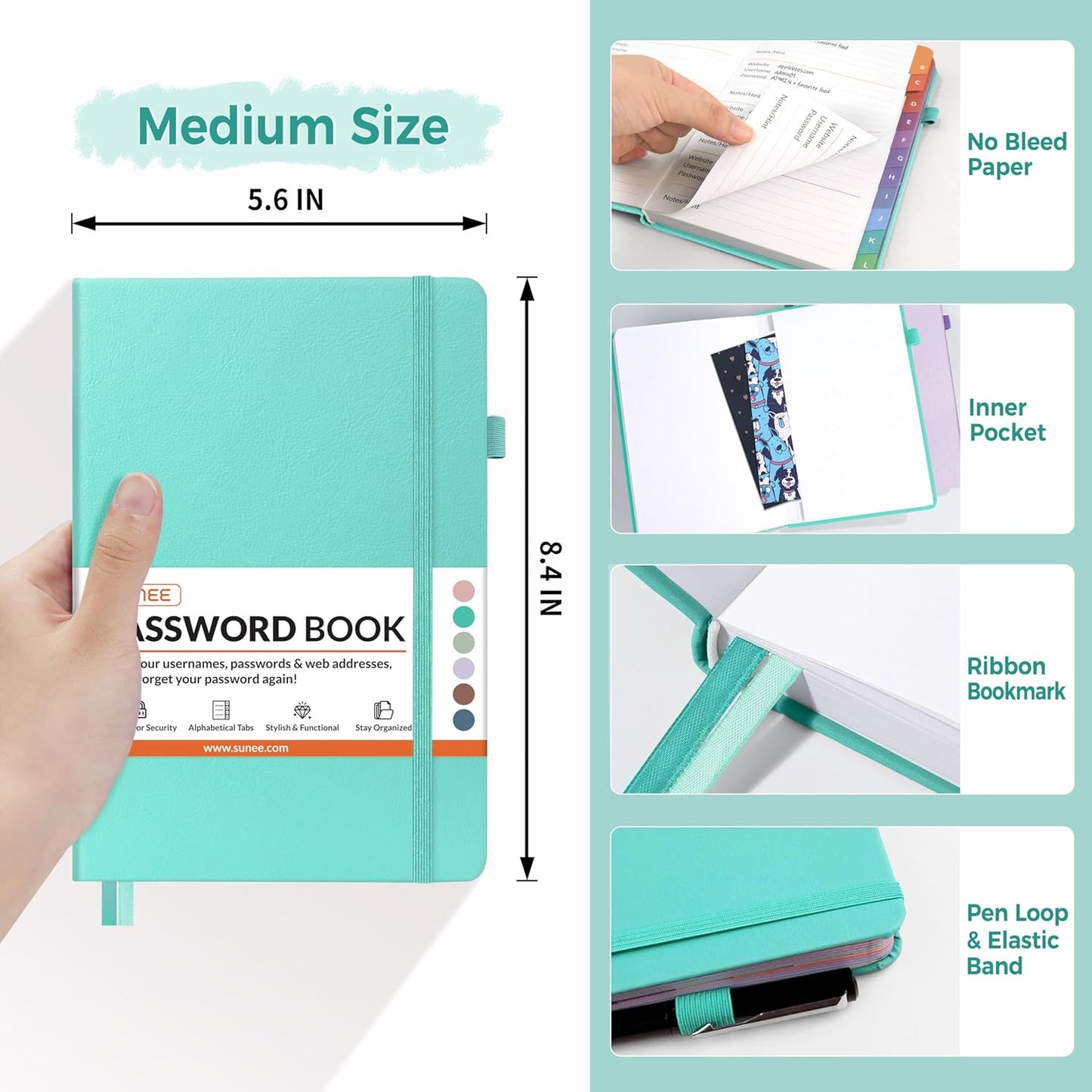 SUNEE Password Book with Colorful Alphabetical Tabs, Password Books for Seniors, Password Keeper Book for Computer and Internet Address Website Login, 5.3''x 7.7''- Aquamarine