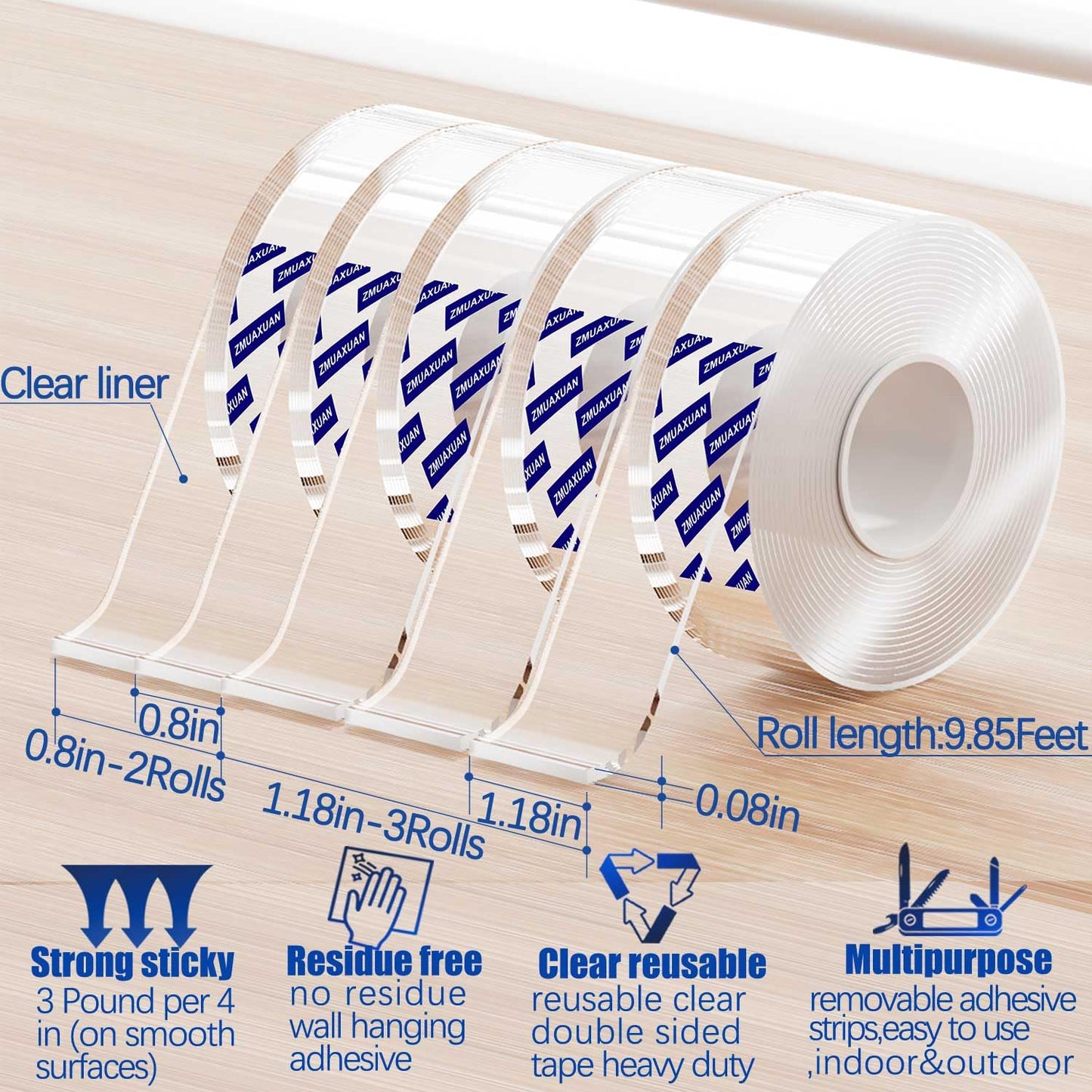Nano Tape Adhesive Reusable,Double Sided Mounting Tape Heavy Duty Removable,Picture Hanging Strips Poster Putty,Clear Thick Gel Sticky Tack Wall Glue for Hangers,Photo(9.85 FT-5 Pack)