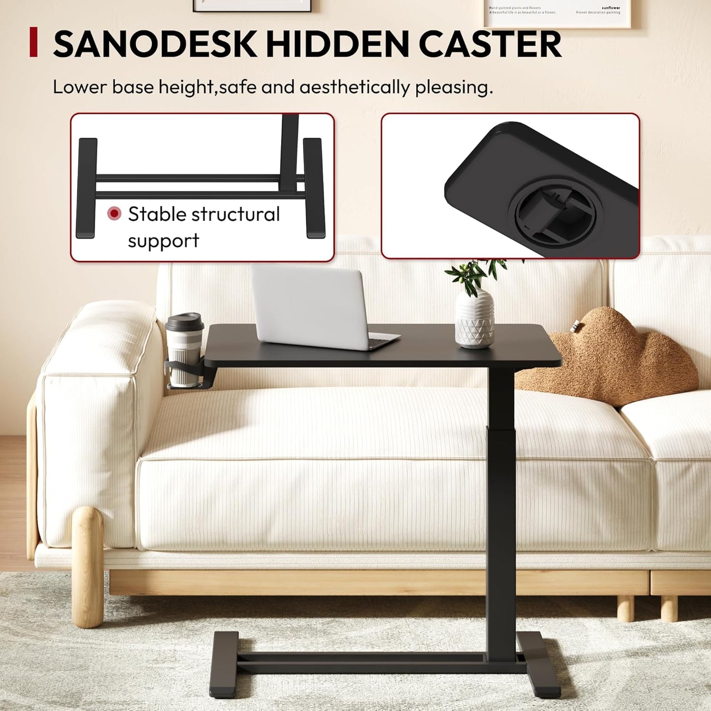 SANODESK Mobile Standing Desk with Hidden Wheels,Pneumatic Laptop Desk Rolling Computer Cart Movable Height Adjustable Small Sit Stand Desk for Home Office(31.5" W x 17.7" D,Black Walnut)