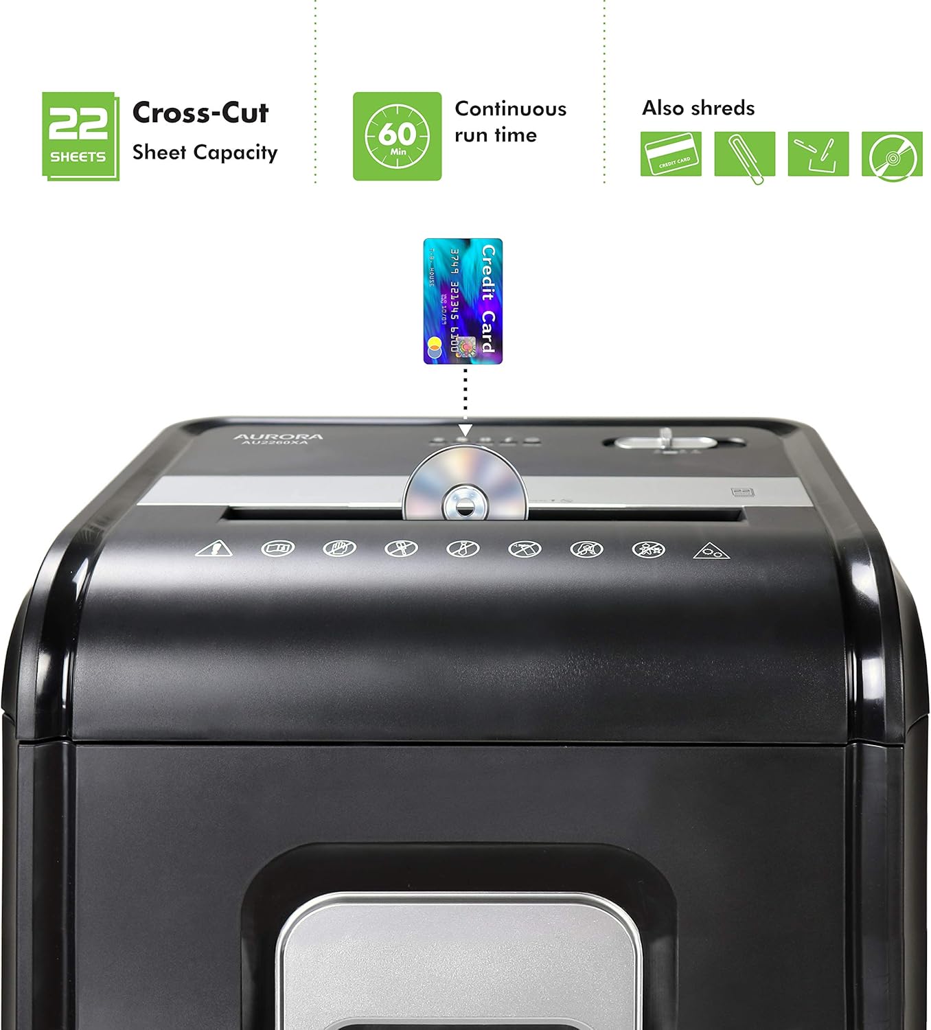 Aurora AU2260XA Heavy Duty Anti-Jam 22-Sheet Crosscut Shredder/60 Min Run Time/ 7-Gallon Pullout Basket and Casters