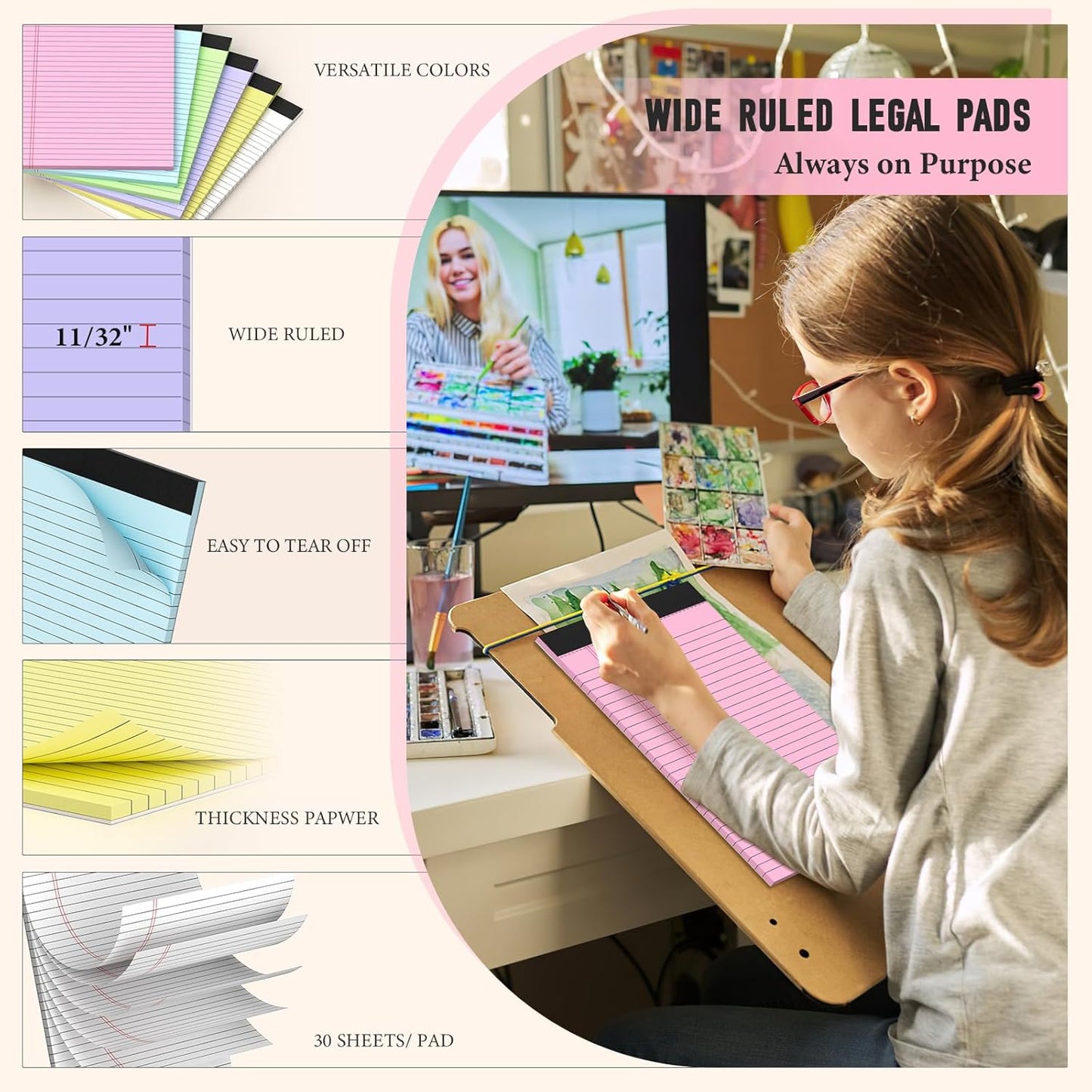 36 Pack Legal Pads 8.5 x 11, Note Pads 8.5 x 11, Wide Ruled Colored Legal Pads, Multicolor Notepads 8.5 x 11 with Sturdy White Back, 30 Sheet/Notepad, Writing Pad for School, Home, Office