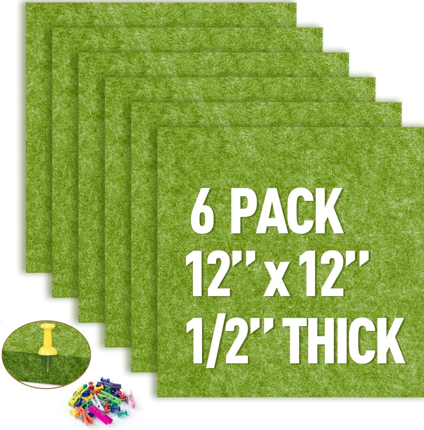 AKTOP Cork Bulletin Board 12x12, 1/2" Thick Felt Cork Board Tiles 6 Pack, Small Square Pin Board for Wall, Self Adhesive Corkboards with 60 Push Pin Wood Clips for School, Home & Office, Green