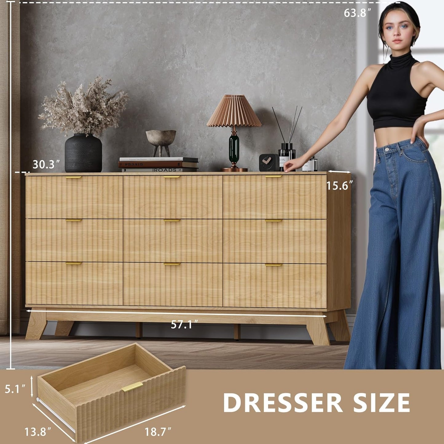 Fluted 9 Drawer Dresser, 57.1" Wide Modern Boho Chest of Drawers, Wooden Storage Dresser TV Stand for Bedroom, Living Room, Closet, Hallway, Curved Profile Design