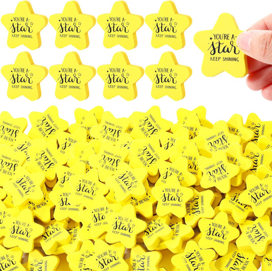 Spakon 100 Pcs Inspirational Star Erasers for Kids Bulk Cute Back to School Erasers 1.57" Fun Eraser for Classroom Prize You're A Star Yellow Motivational Gift for School Student Rewards