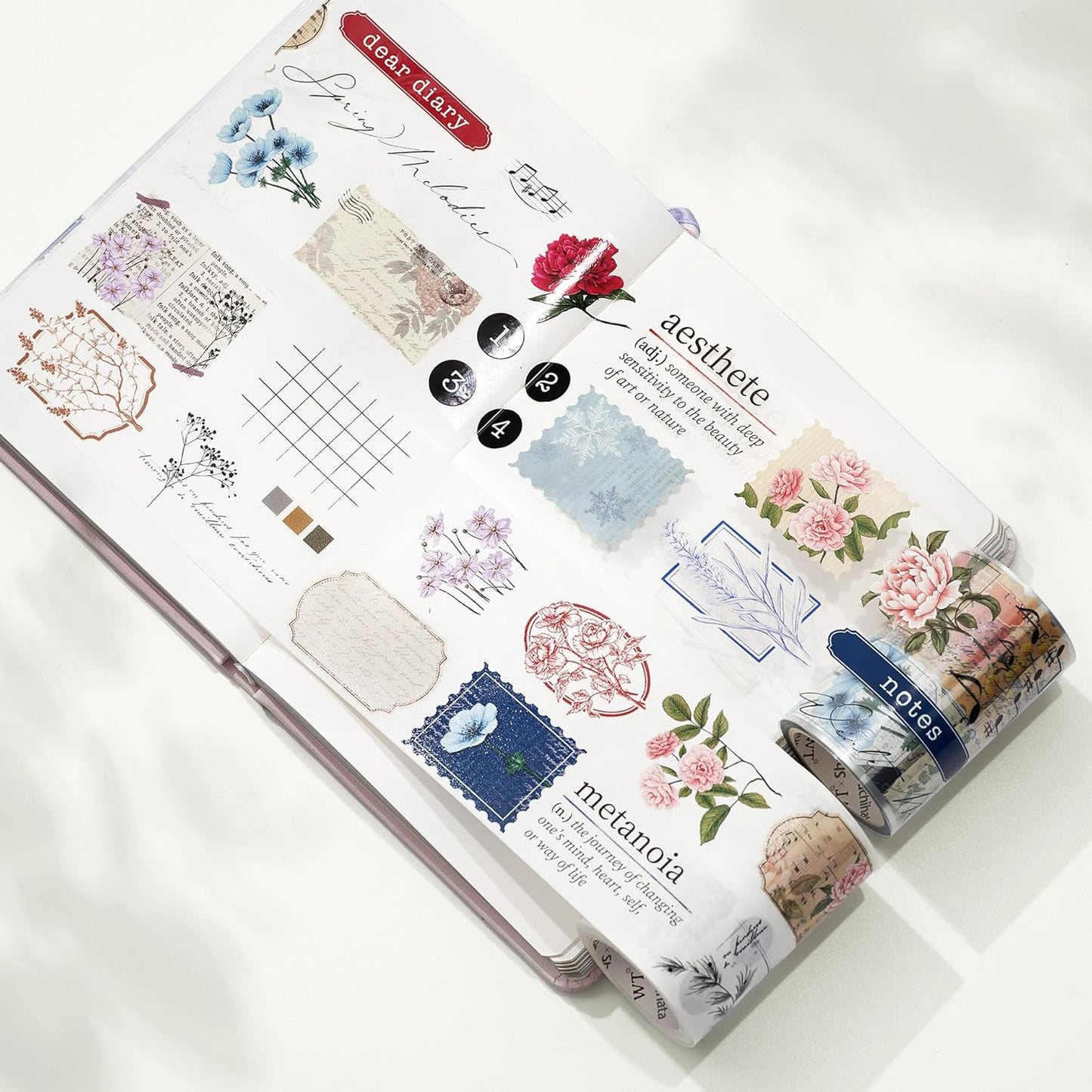 WT Season's Symphony Wide Washi Tape, Single Roll, Original Designs, Vintage Floral Watercolor Tape, Decorative Adhesive Paper Tape for Journals, Scrapbooks, Bujo Planner, DIY Crafts