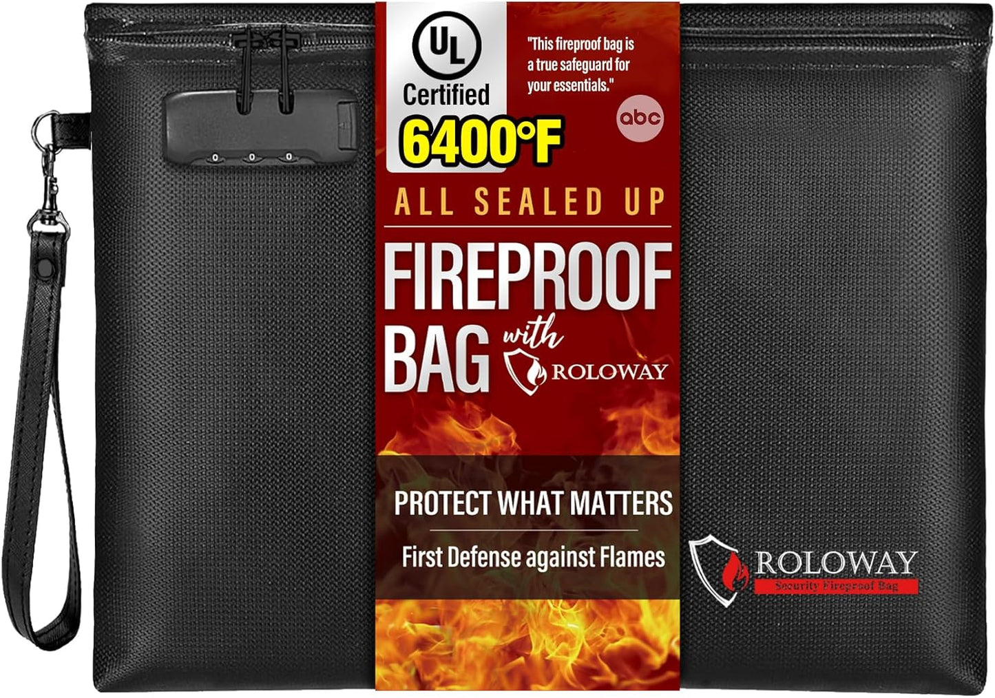 ROLOWAY Fireproof Document Bag (14.5 x 11.5 inch), 6400℉ Fireproof Money Bag with Zipper for Cash, Fire Safe Money Pouch with Lock (Black)