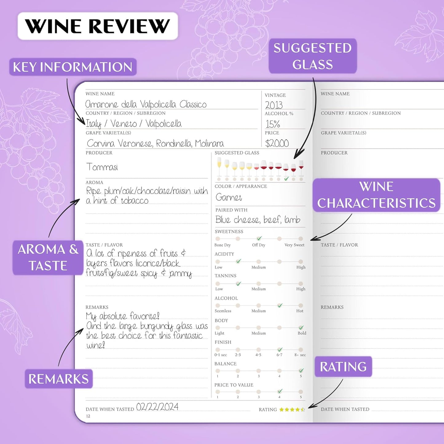 Legend Wine Tasting Journal – Wine Guide & Diary – Unique Accessories & Gifts for Wine Lovers, Women & Men, Eco Leather Notebook (Purple)