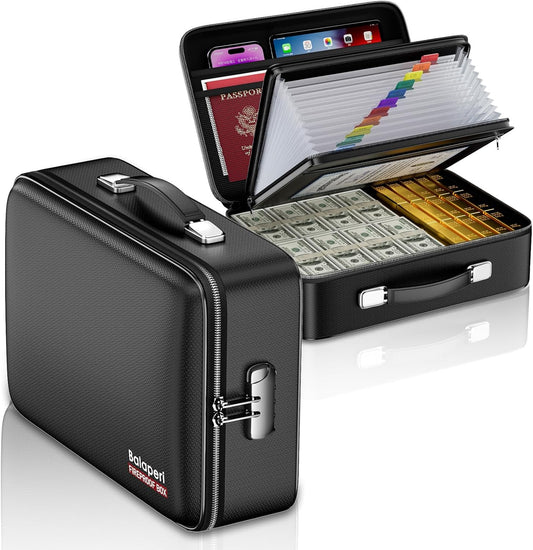 Fireproof File Organizer with Fireproof Zipper,Fireproof Document Box Hard Case with Lock,Portable Document Safe for Important Document Laptop Valuables(Black,15.8"x4.8"x12.6")