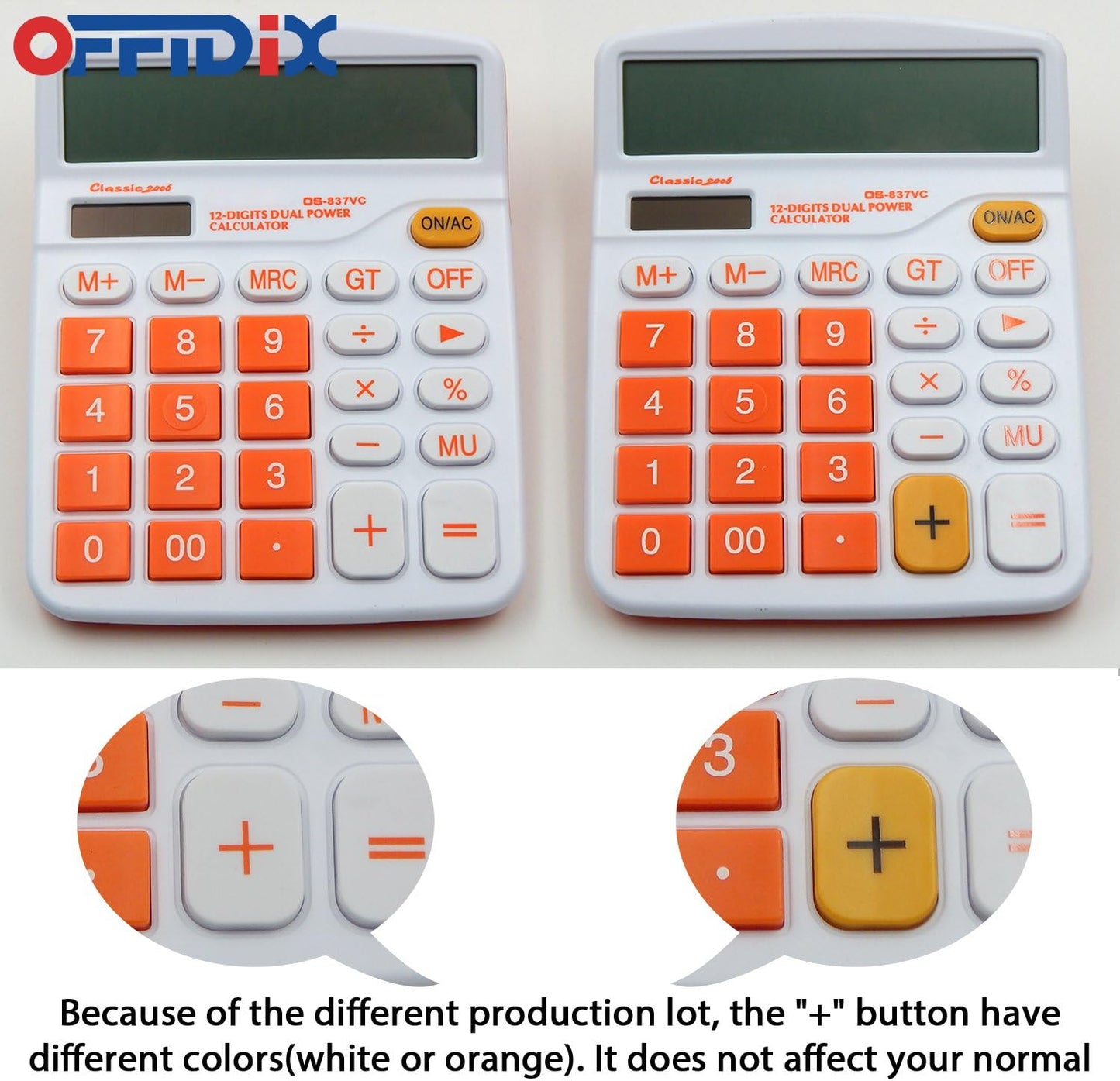 OFFIDIX Office Desktop Calculator, Solar and Battery Dual Power Electronic Calculator Portable 12 Digit Large LCD Display Calculator, Orange