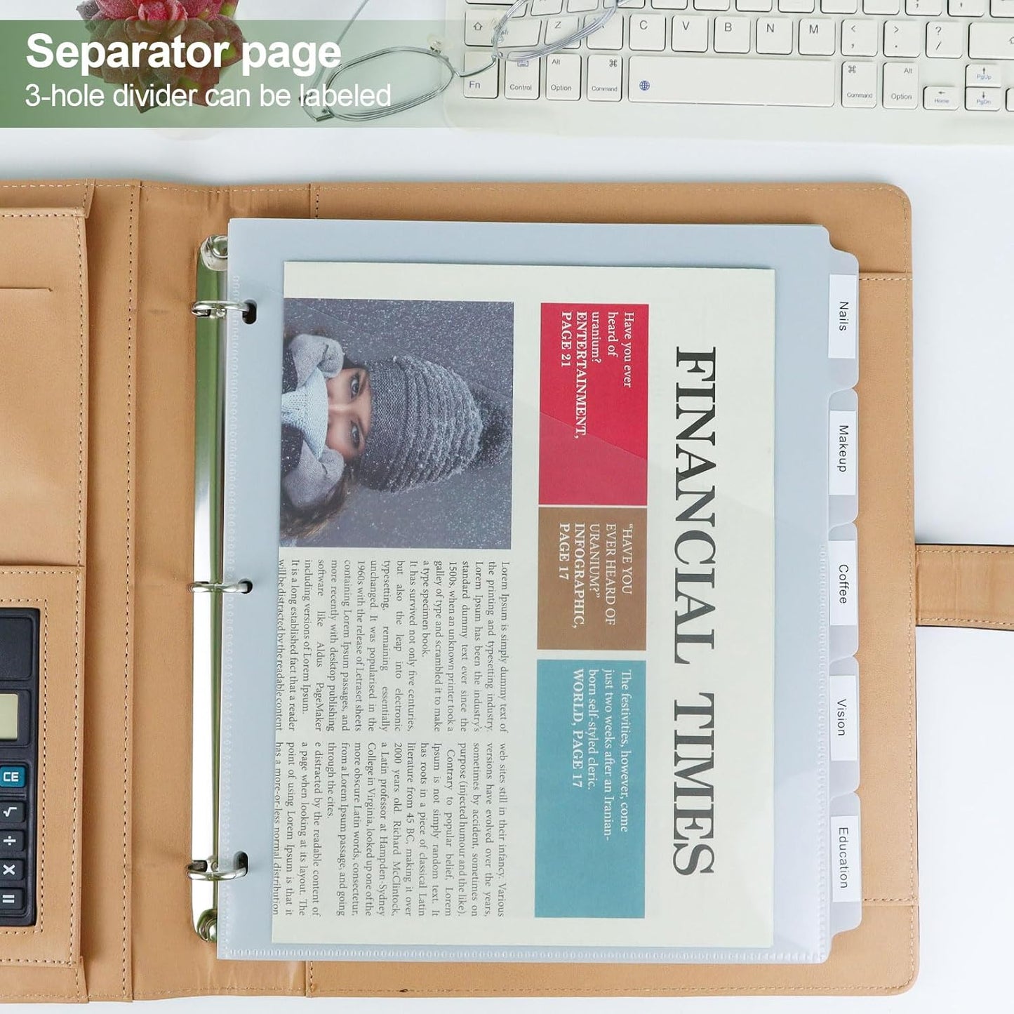 Koqye 5 Tab Dividers for 3 Ring Binder with Pockets, Plastic, Letter Size, Grey