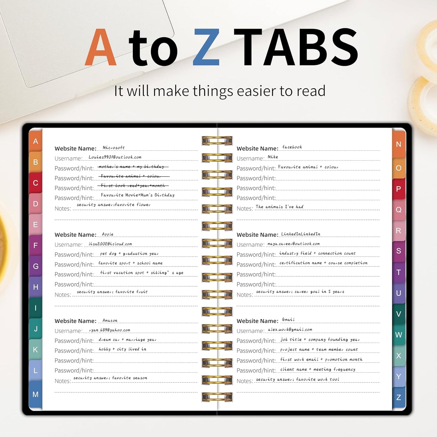 Spiral Password Book with Alphabetical Tabs - 5.8" X 8.2" Small Password Keeper Book with Inner Pocket for Seniors , Large Print, Hardcover, 450 Logins – Internet Password Organizer Notebook for Home & Office Use