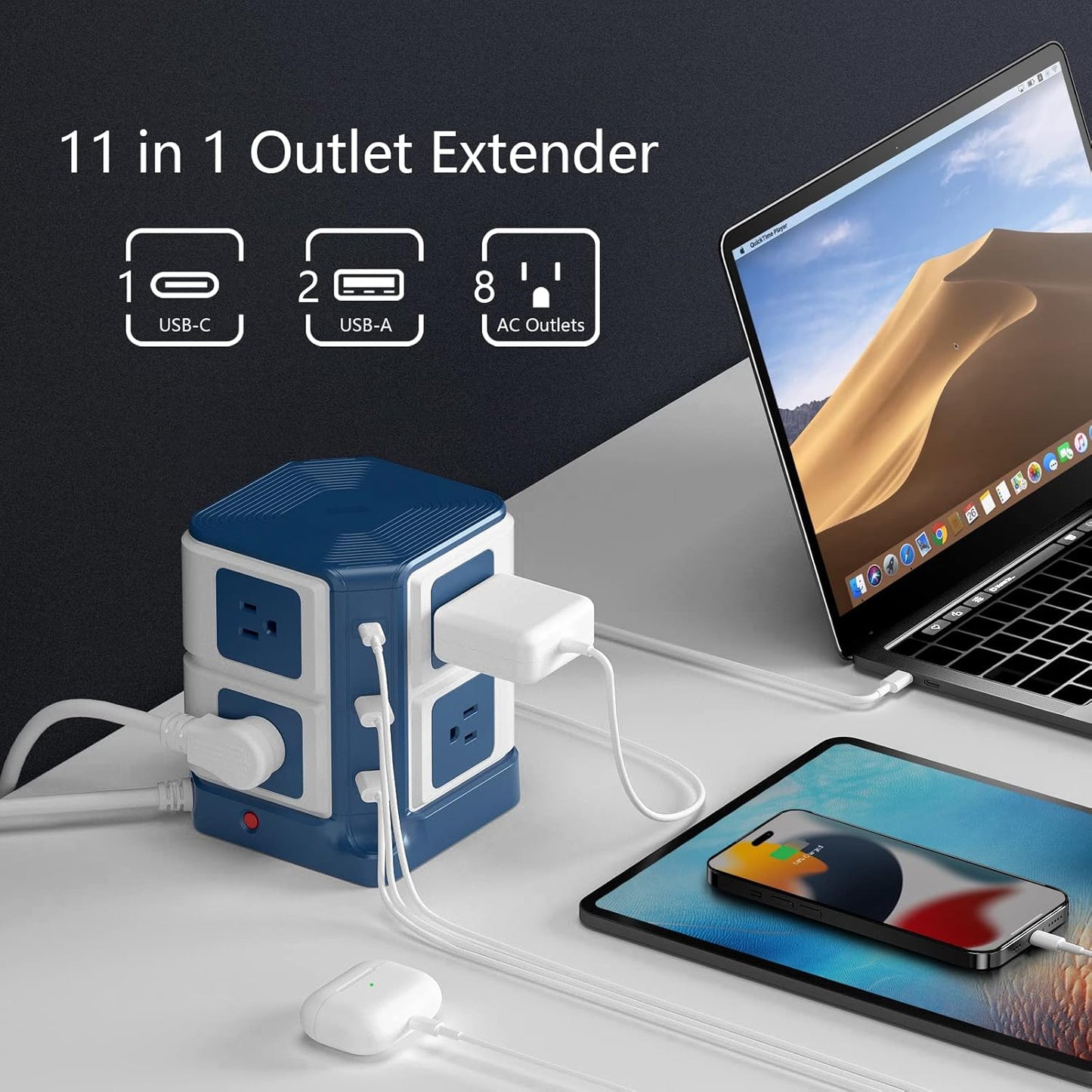 Power Strip Tower with PD20W USB C, BESTEK 8-Outlet and USB Charging Ports 2100 Joules Surge Protector, 5 Feet Extension Cord Flat Plug, ETL Listed