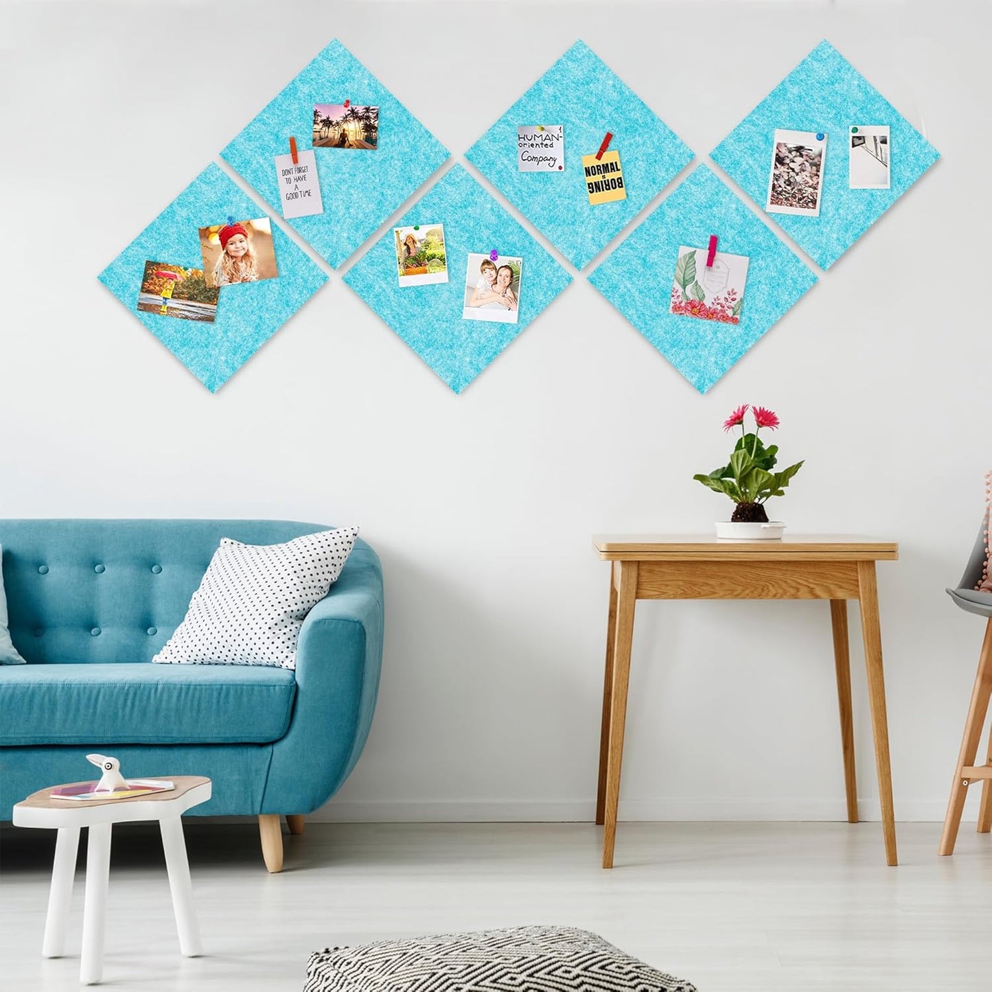 AKTOP Cork Bulletin Board 12x12, 1/2" Thick Felt Cork Board Tiles 12 Pack, Small Square Pin Board for Wall, Self Adhesive Corkboards with 120 Push Pin Wood Clips for School, Home & Office, Baby Blue