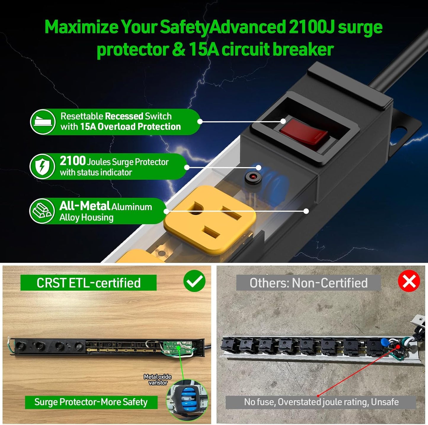 CRST 8 Outlet Metal Heavy Duty Power Strip, 2100 Joules Mountable Surge Protector Power Strip, Slim Power Bar with 6ft 14AWG Cord, ETL Listed