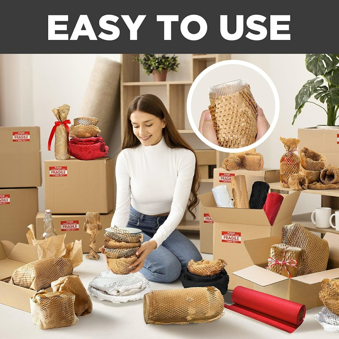 Honeycomb Packing Paper, 12"x300' Black | Perforated Honeycomb Packing Paper Recyclable Moving Supplies for Shipping & Moving | Plastic-Free Alternative to Bubble Cushion Wrap with 36 Fragile Stickers