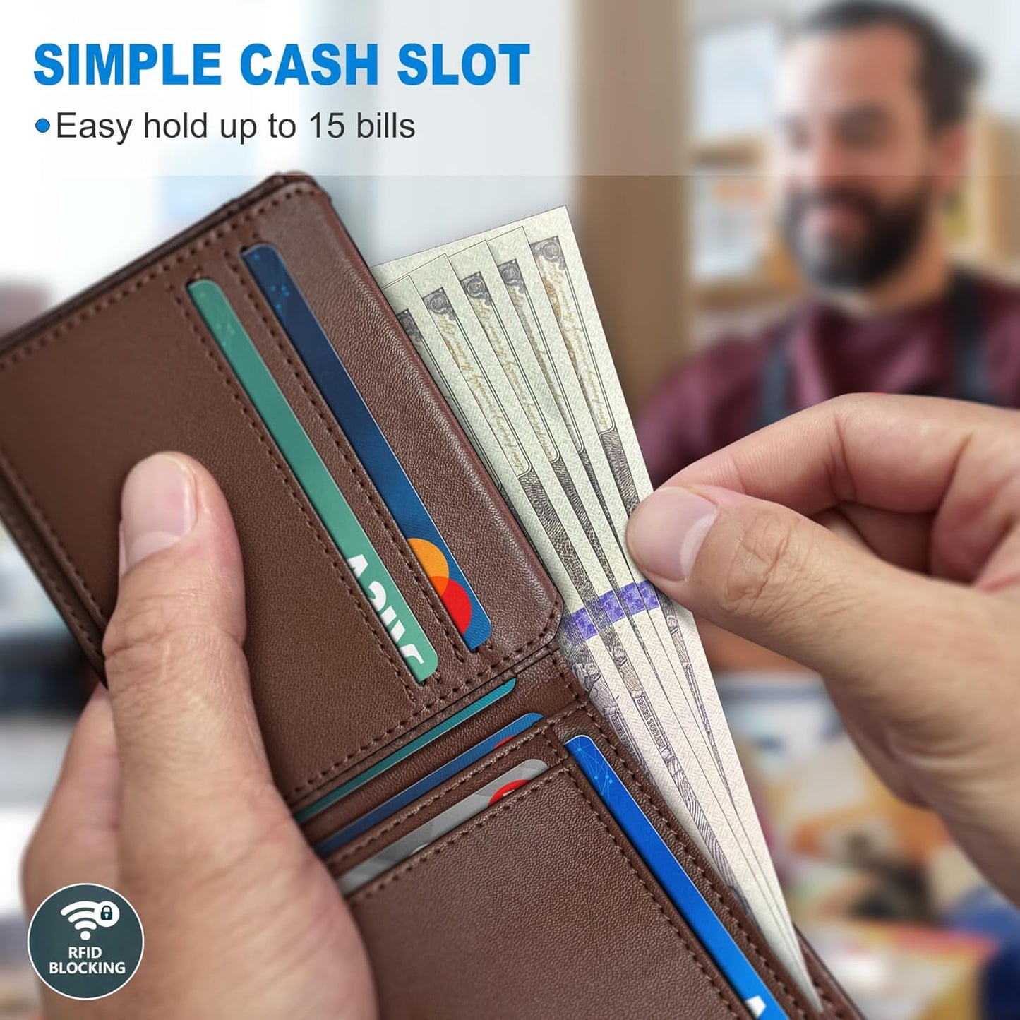 Wallet for Men Wallet with Cash Pocket 2 ID Window 13 Cards,Slim Leather Wallet Front Pocket Card Holder RFID Blocking with Gift Box