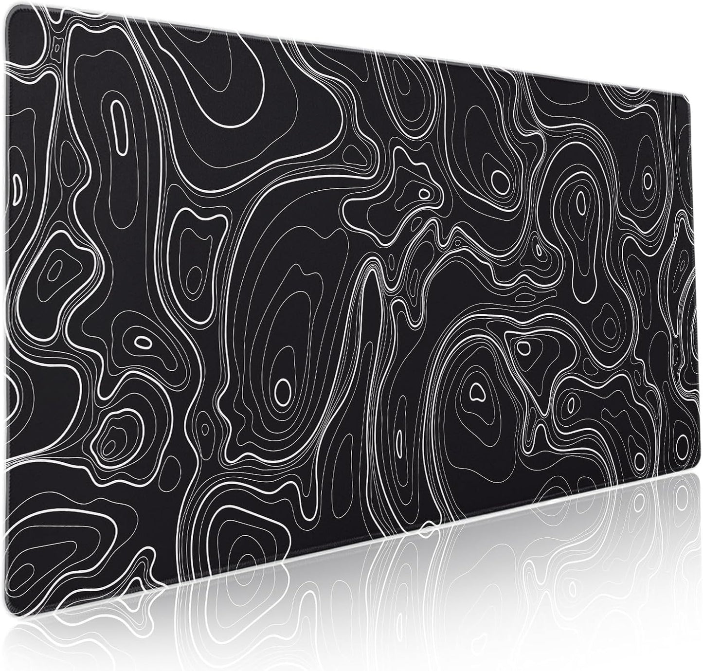 Topographic Map Black Gaming Mouse Pad XXL Minimalist Topo Geographic White Lines Extended Large Mousepad Desk Pad Non-Slip Rubber Base Stitched Edge Keyboard Pad Playmat for Computer,35.4×15.7 in