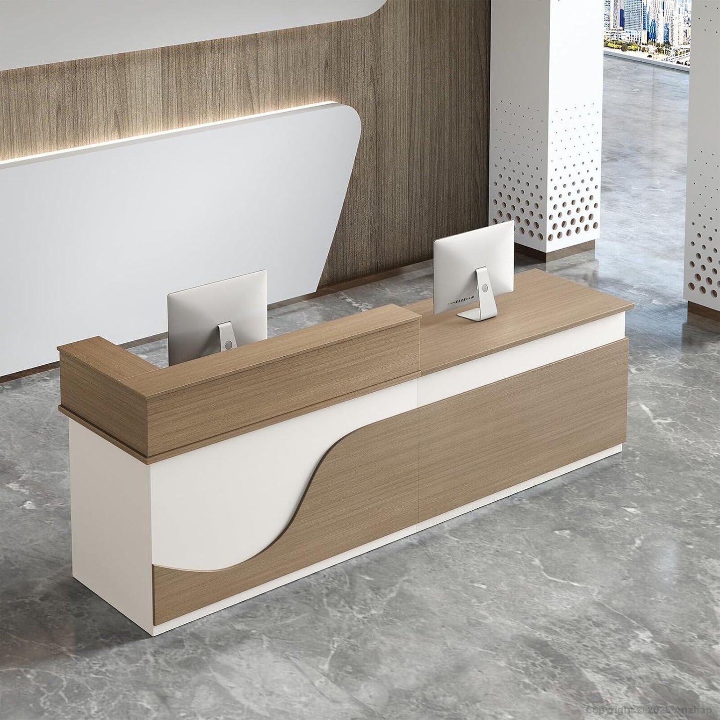 Modern Reception Desk – L Shaped Front Desk Checkout Counter with Drawers, Storage Cabinet and Double-layer tabletop for Office, Salon, Lobby, Cashier (White+Natural/Right, 71"L * 24"W * 39"H)