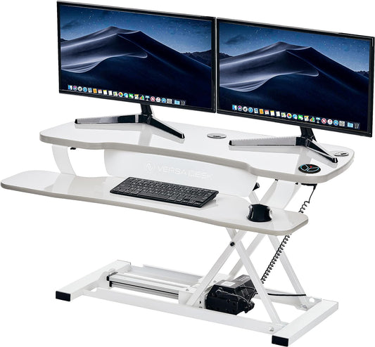 VERSADESK® Electric Standing Desk Converter, 40 Inch Large PowerPro™ Height Adjustable Sit to Stand Desk Riser with Keyboard Tray, Built-in USB Charging Outlet, Ergonomic Workstation, White