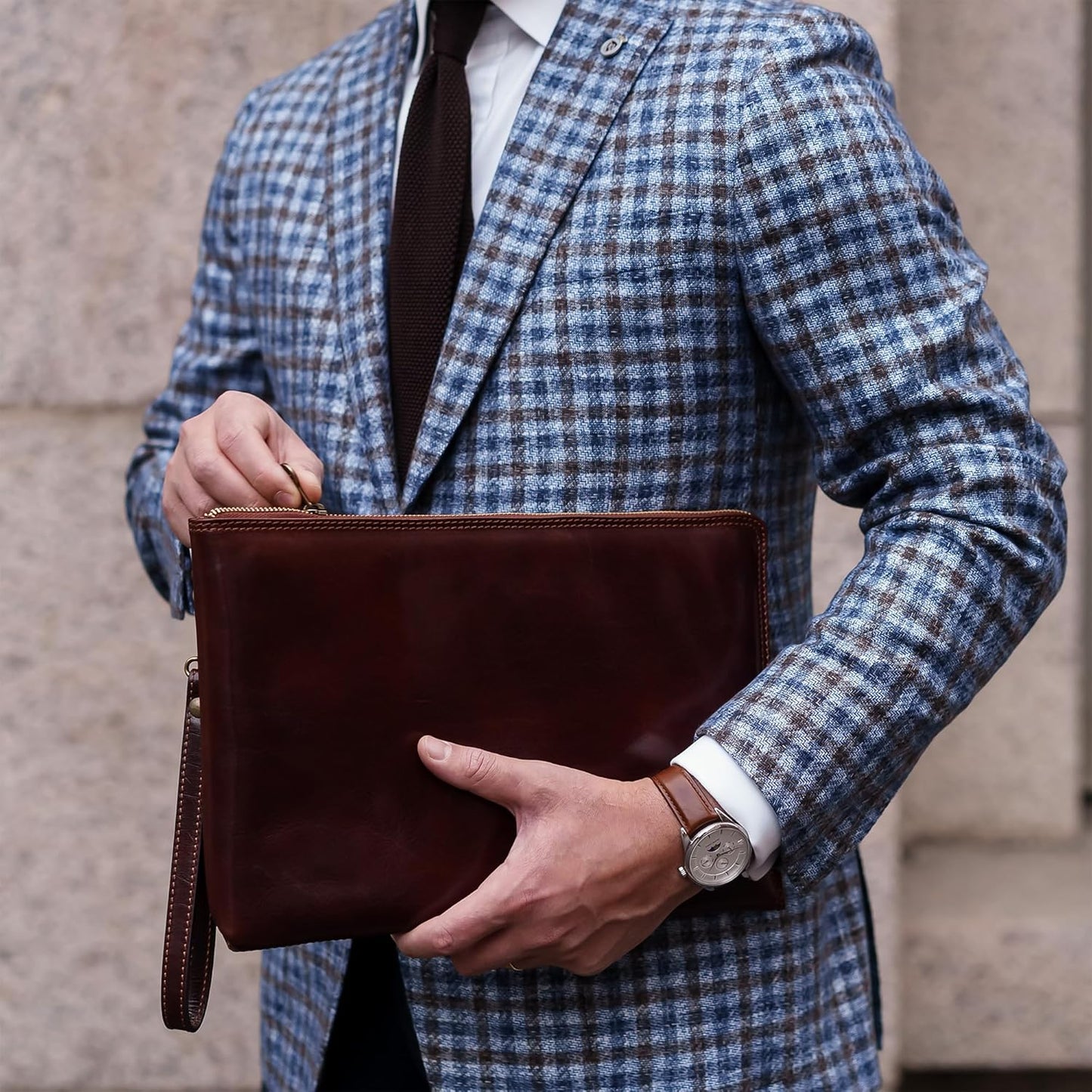 Time Resistance Leather Clutch for Men Organizer Wrist Bag Briefcase Handmade in Italy