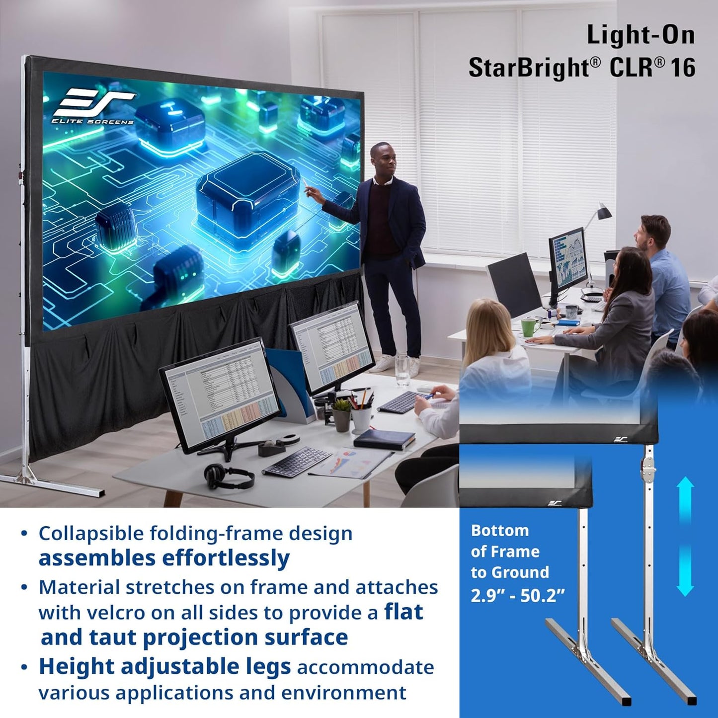 Elite Screens 122" Portable Projector Screen with Stand, Folding Frame, ALR/CLR Ceiling Light Rejecting, Indoor Use, LPS123H-SBCLR16