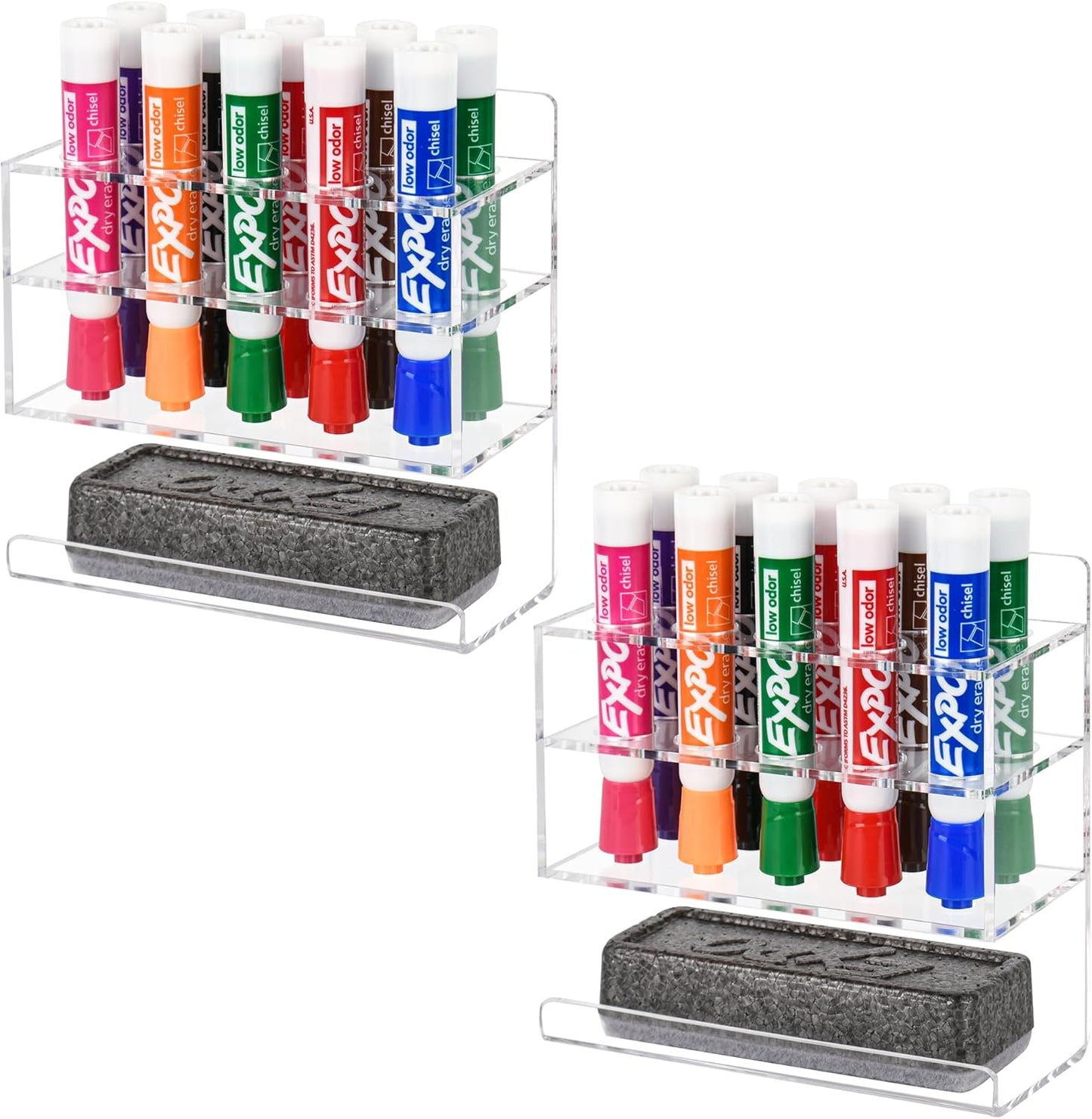 Dry Erase Marker Holder, 2 PCS Wall Mounted Acrylic Marker Holder with 10 Slots, Sticky Pen Storage for Classroom Organization, Whiteboard, Office, Clear