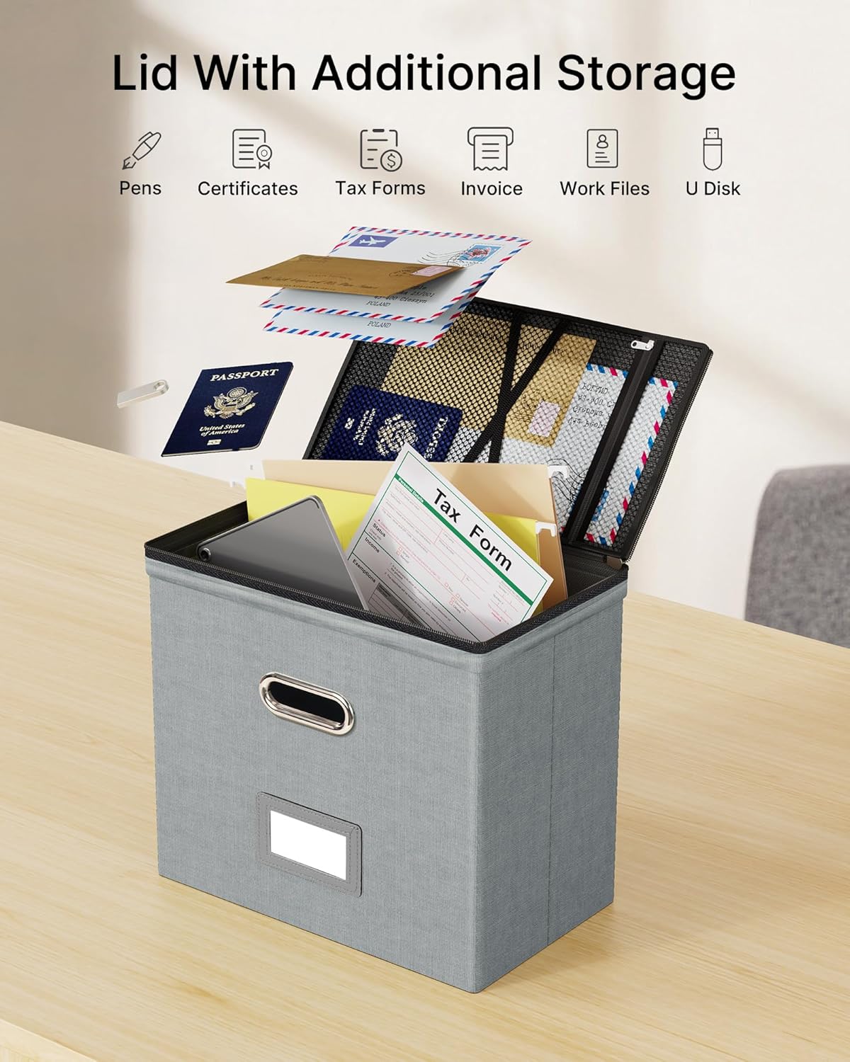 Oterri 1 Pack File Organizer Boxes with Lids, File Box with Mesh Pockets, Document Organizer Box for File Folders Letter Size, Zippers Filing Box for Home, Office, School (Grey, Without Folders)