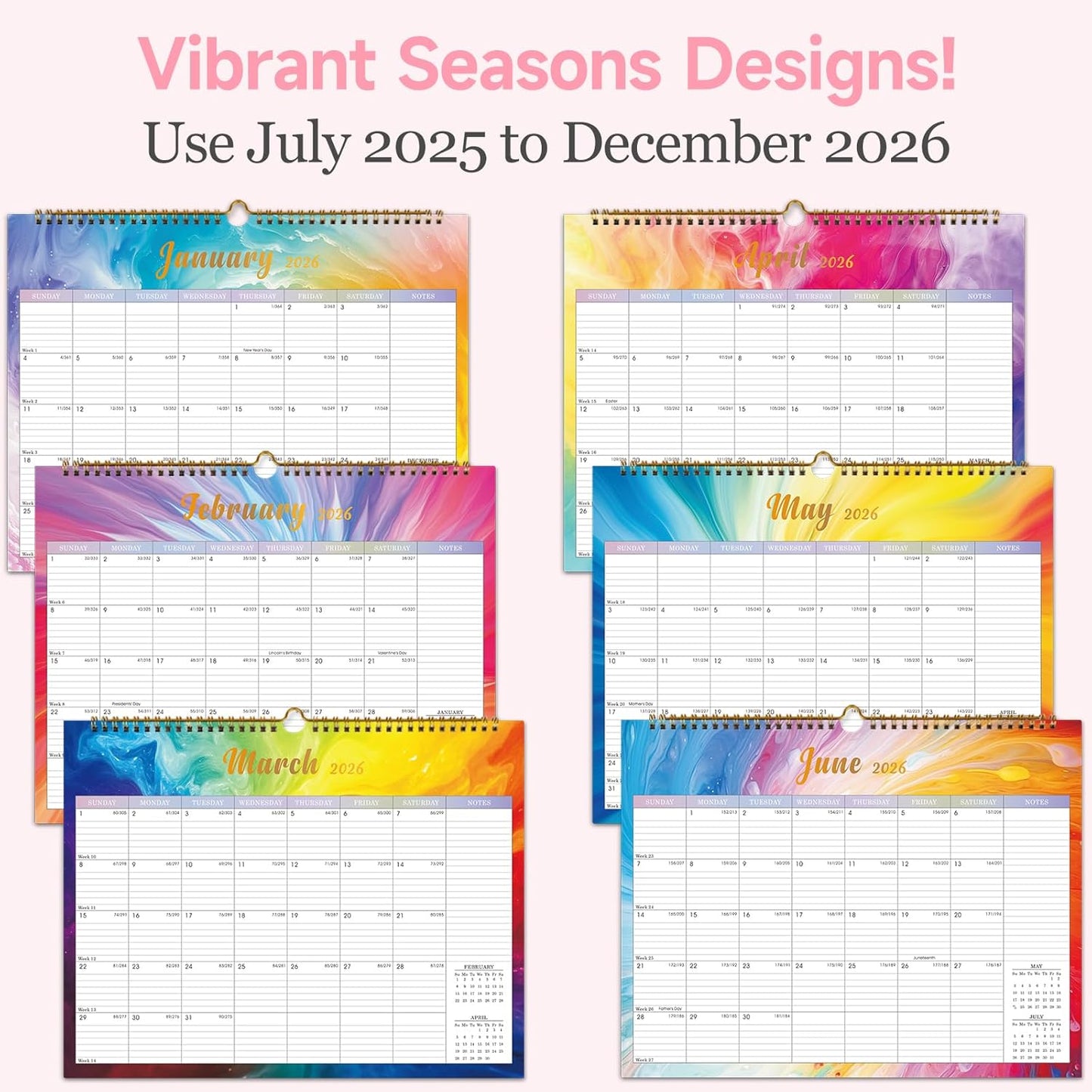 Lbylyhxc Calendar 2026 - 18 Monthly Wall Calendar 2025-2026 from July 2025 to December 2026, 14.8 x 11.5 Inches.Thick Paper includes major holidays and dedicated space for notes and important dates (Calendar 2025-2026 rainbow)