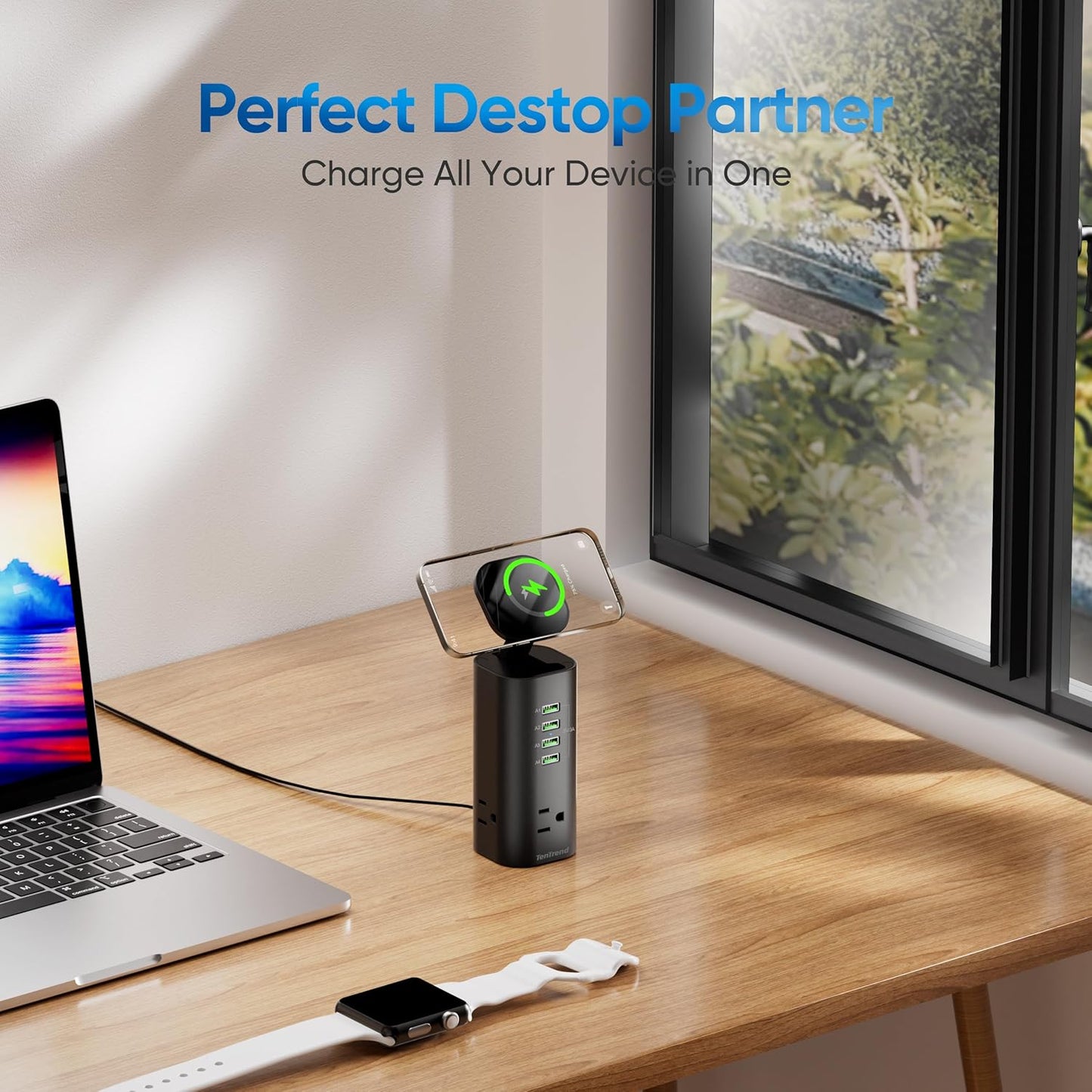 Surge Protector Power Strip Tower, TenTrend 160W Fast Charging Station with 3 AC Outlets & 8 USB Ports (4 USB-C), 5 FT Flat Plug Extension Cord with Multiple Outlets for Home Office