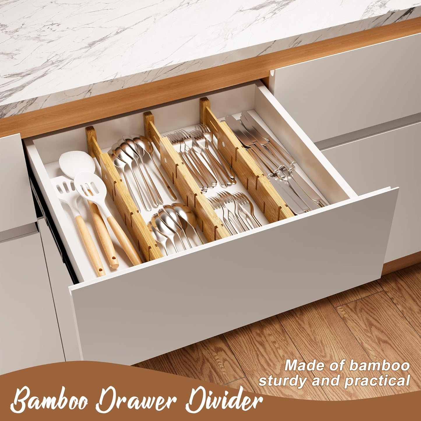 Bamboo Drawer Dividers with Inserts kitchen drawer organizer Adjustable Expandable 8 Pack Organizer Set for Kitchen Bedroom Bathroom Office 8 Dividers with 16 Inserts (Natural, Large (18-22.5IN))