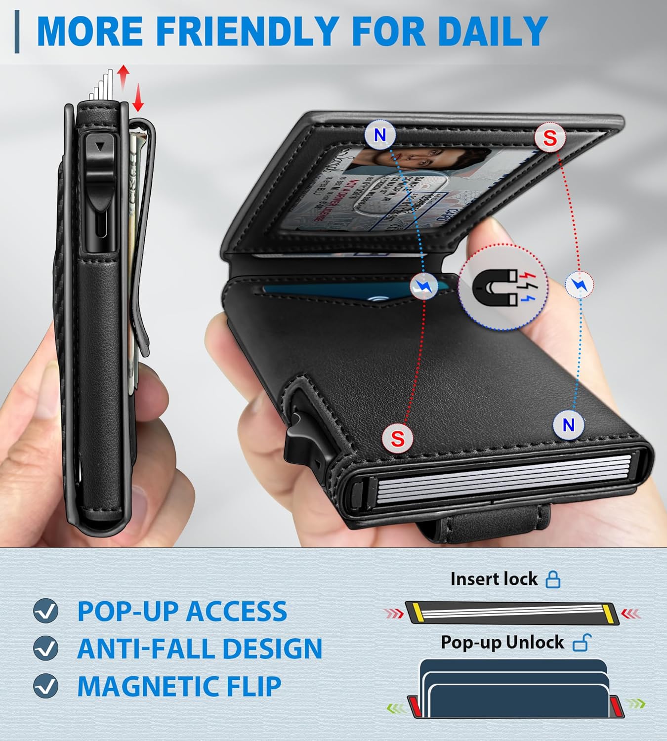 Airtag Wallet for Men,with Money Clip Gift Boxed,Slim Front Pocket Wallet RFID Blocking Metal Case Smart Pop-up Credit Card Holder in Magnetic Leather Flip