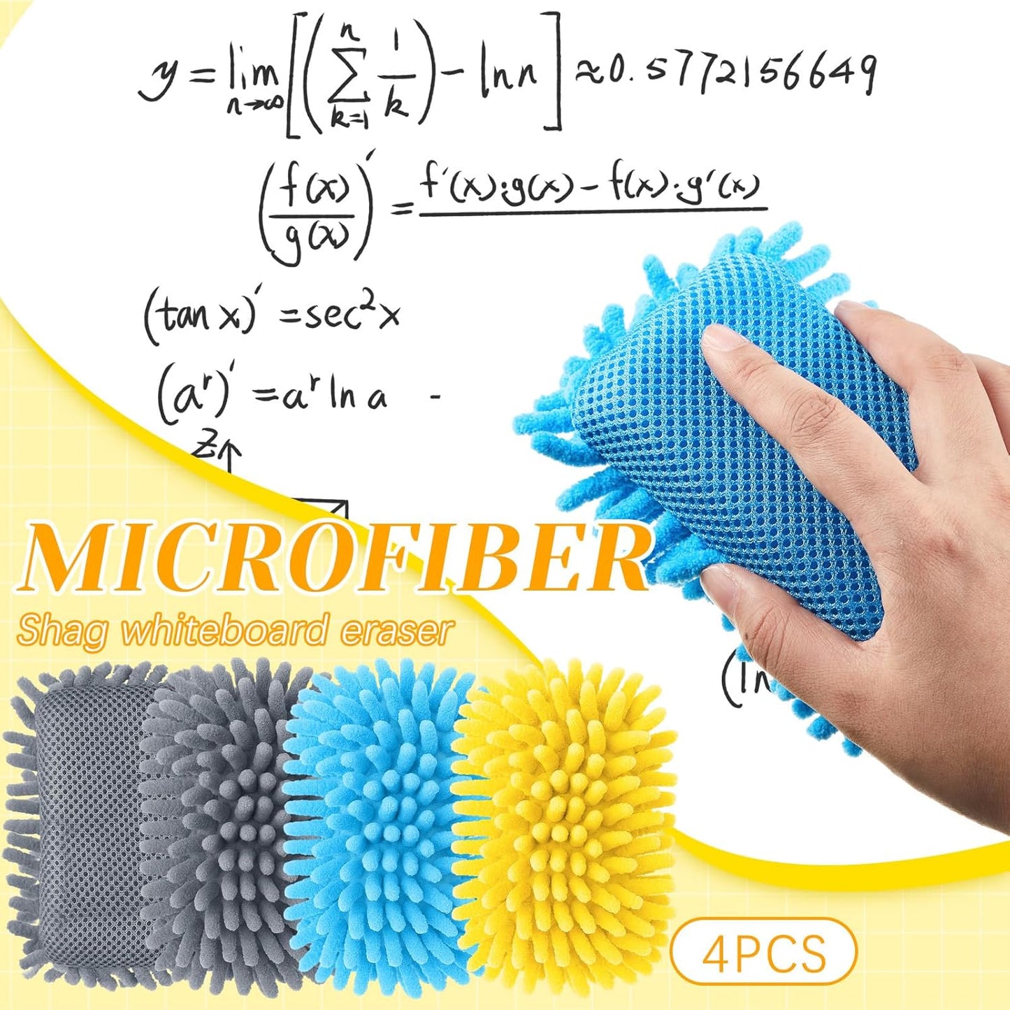 Zonon 4 Pieces Dry Erase Eraser Microfiber Shag Washable Whiteboard Eraser for Markers, Chalk, Classroom, Home and Office(Blue,Yellow,Gray)
