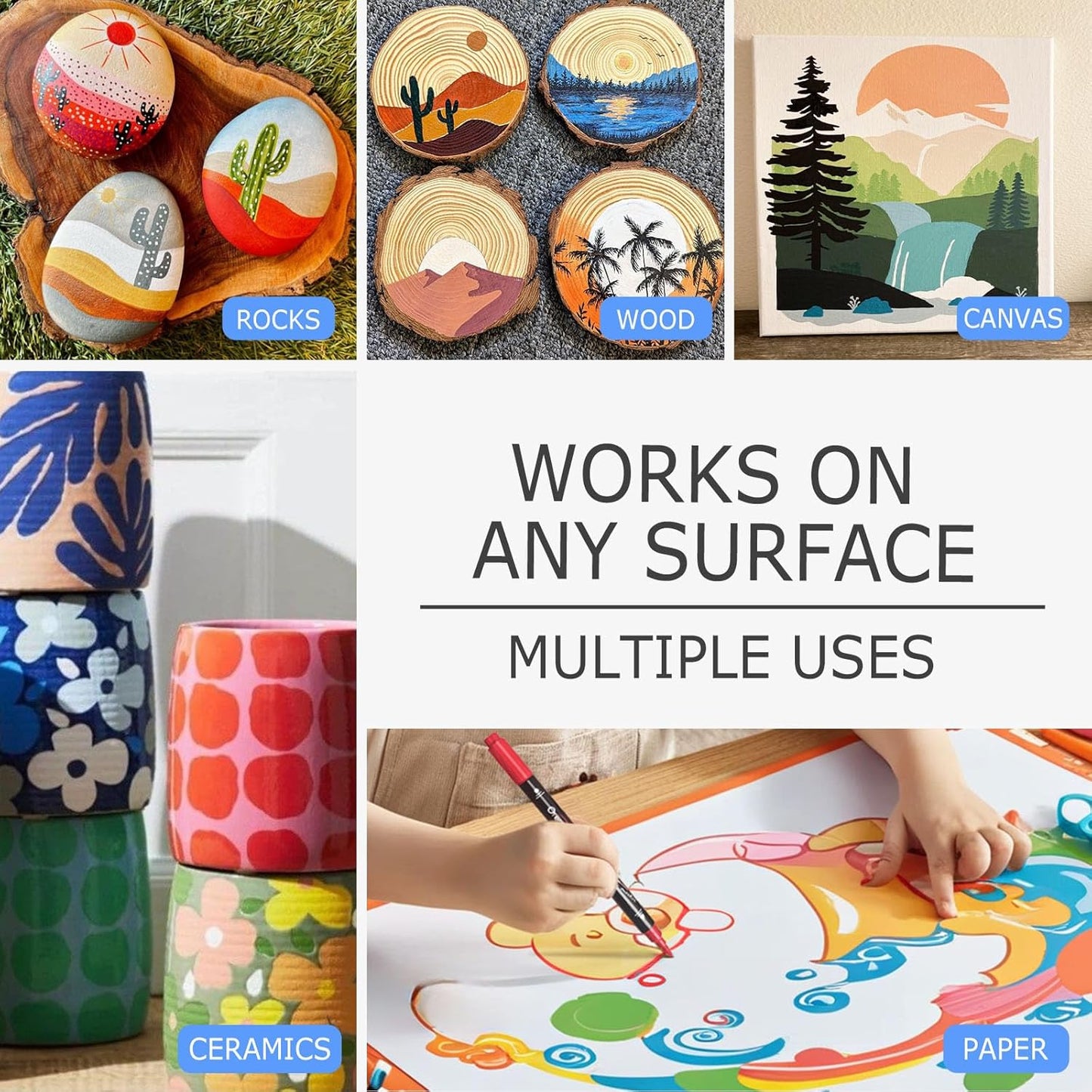 Overseas Silver Acrylic Paint Markers, 2 Pack Dual Tip Paint Pens Acrylic Markers with Dot and Brush Tip, No Bleeding Coloring Marker for Wood, Rock, Canvas, Glass, Metal, Ceramic, Plastic, Fabric