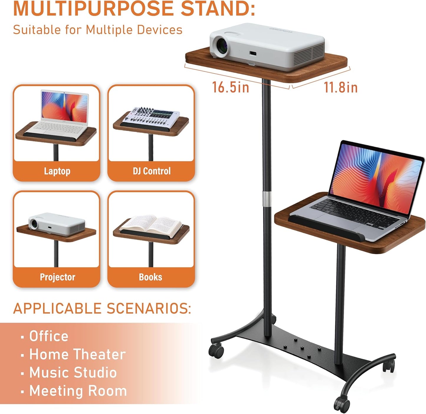 2 Shelves Projector Stand, Mobile Laptop Cart on Wheels Projector Stand Adjustable Height 20 to 53 Inches, Overbed Table with 5 Lockable Casters, Rolling Laptop Floor Stand for Couch