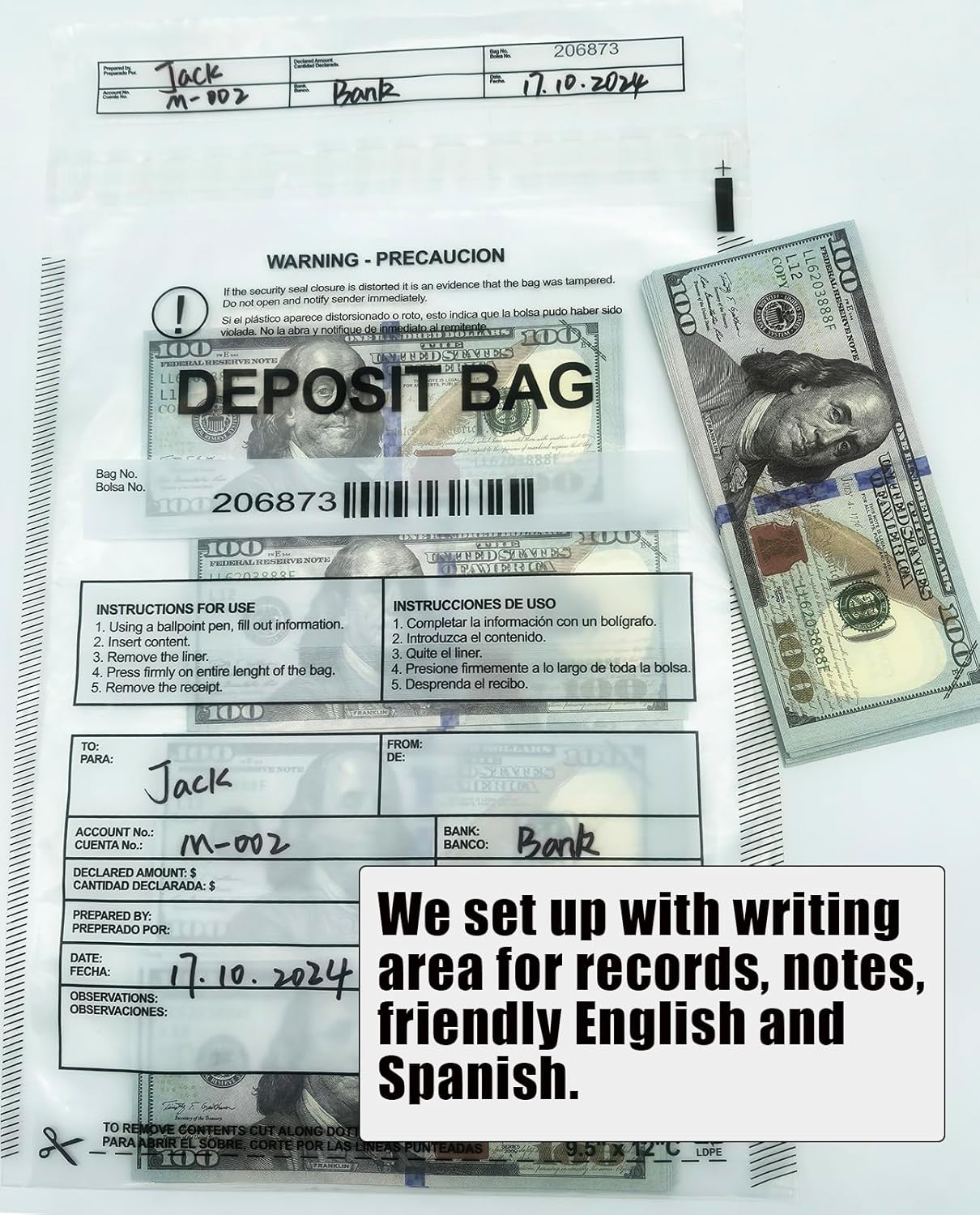 Plastic Deposit Bags 30-Pack 9.5''x 15'', Clear Security Bank Deposits,Cash register,Money bag for Cash,Bank Pocket,Tamper-Evident,Unique Barcode