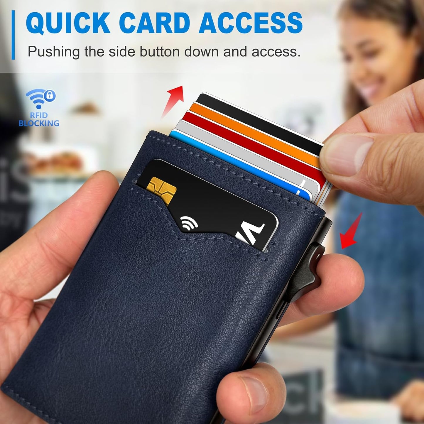 Wallet for Men,with Cash Pocket 2 ID Window 9-13 Cards,Metal Case Smart Slim Pop Up Credit Card Holder Flip with Magnetic Closure RFID Blocking Trifold wallet with Gift Box