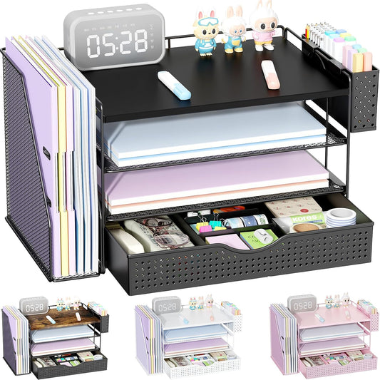 Wood Desk Organizers and Accessories with File Holder, 4-Tier Desk Accessories & Workspace Organizers with Drawer and Pen Holder, Paper Organizer for Office Supplies (Black)